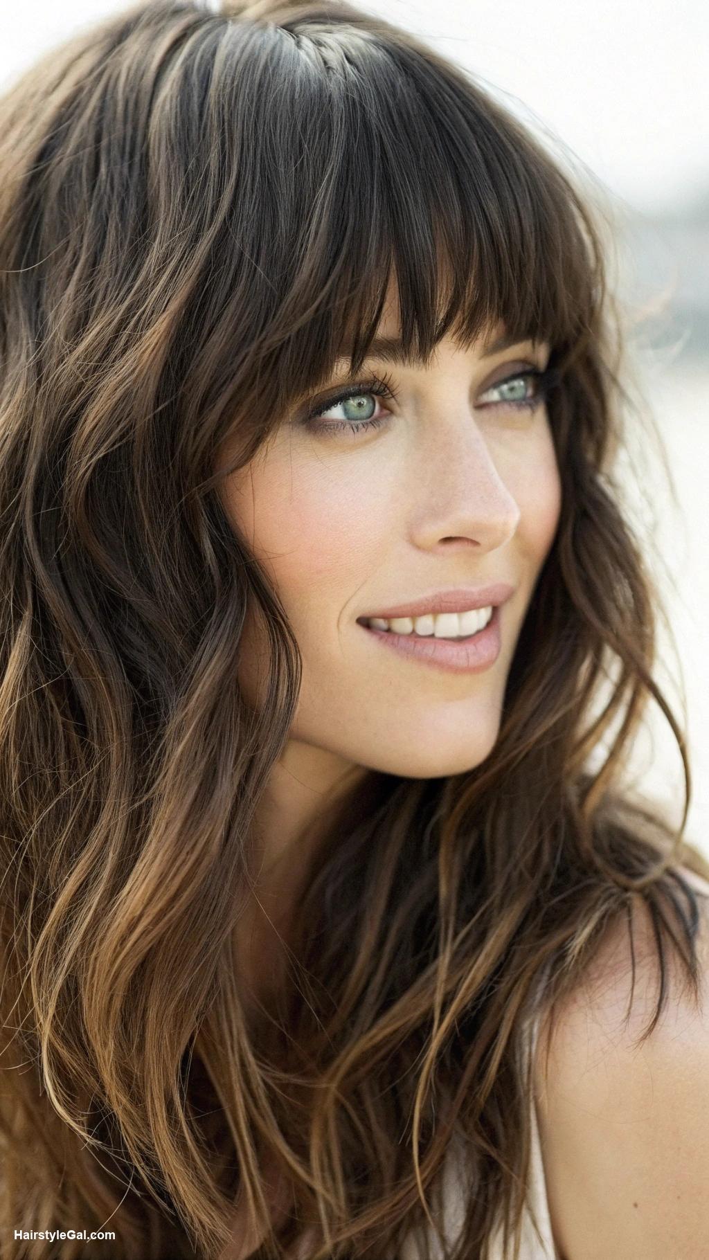 bangs with medium hair Fringed bangs with wavy brunette hair