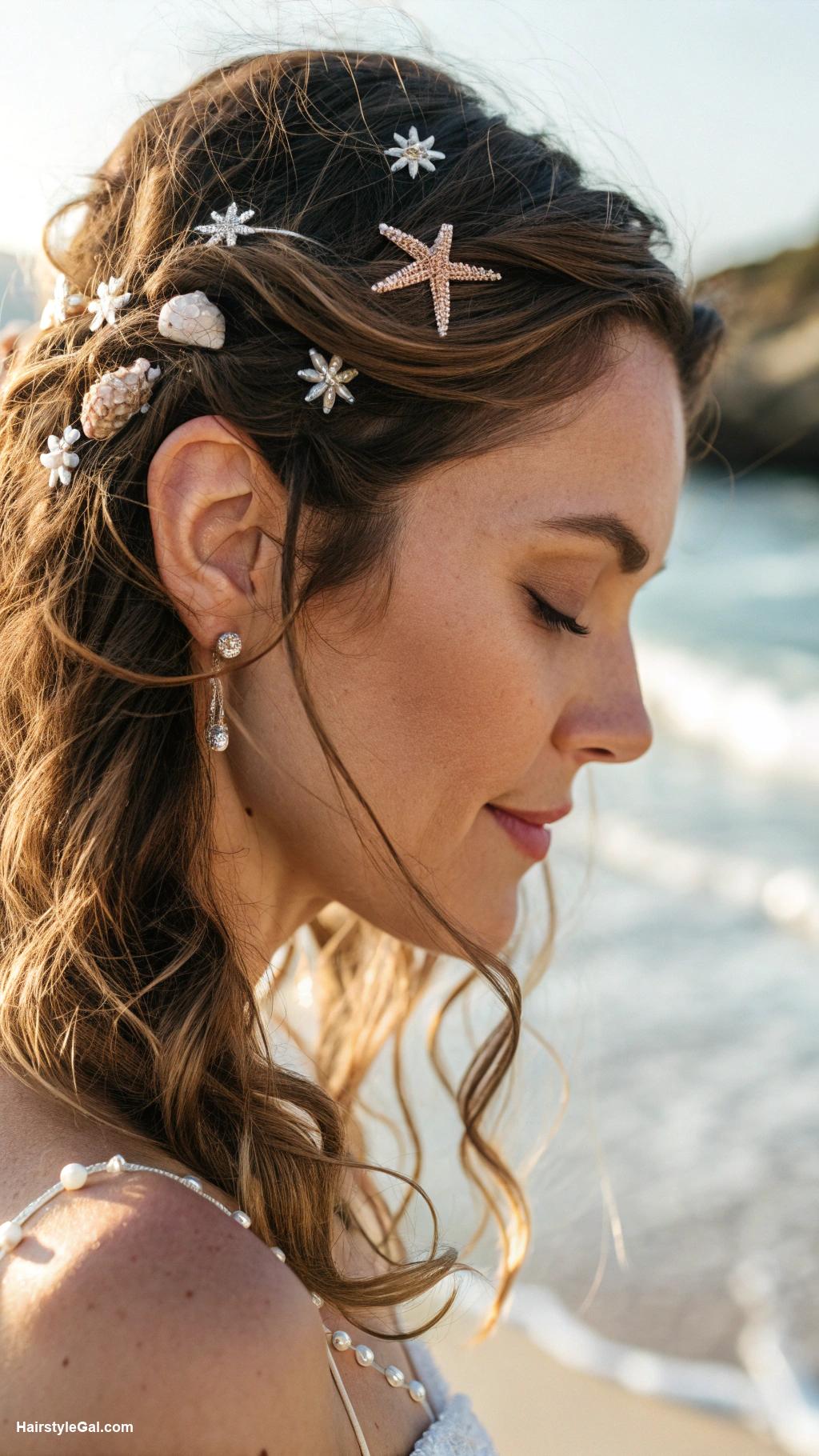 boho wedding hair Beachy waves with seashell clips