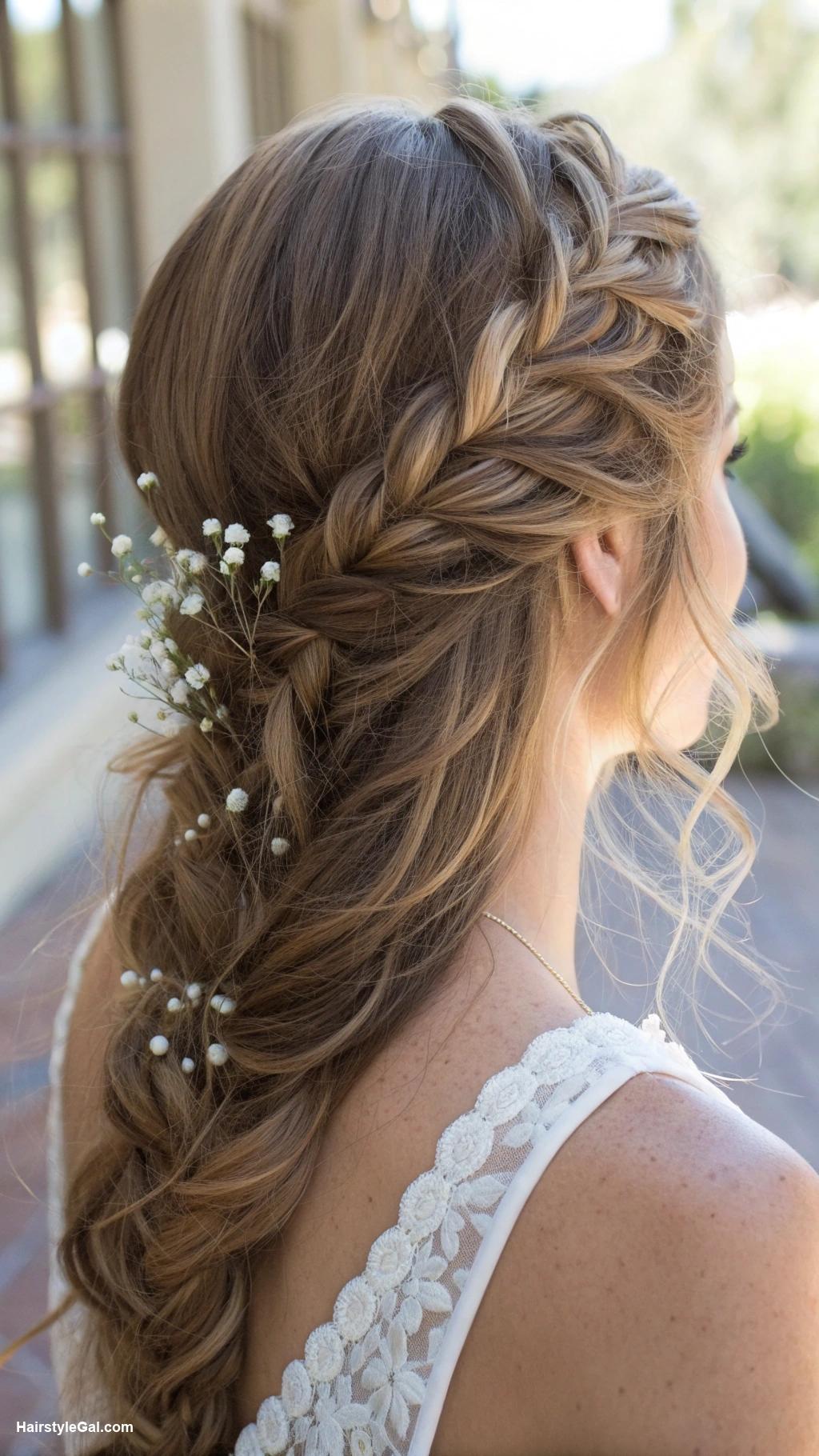 boho wedding hair Fishtail braid with soft waves