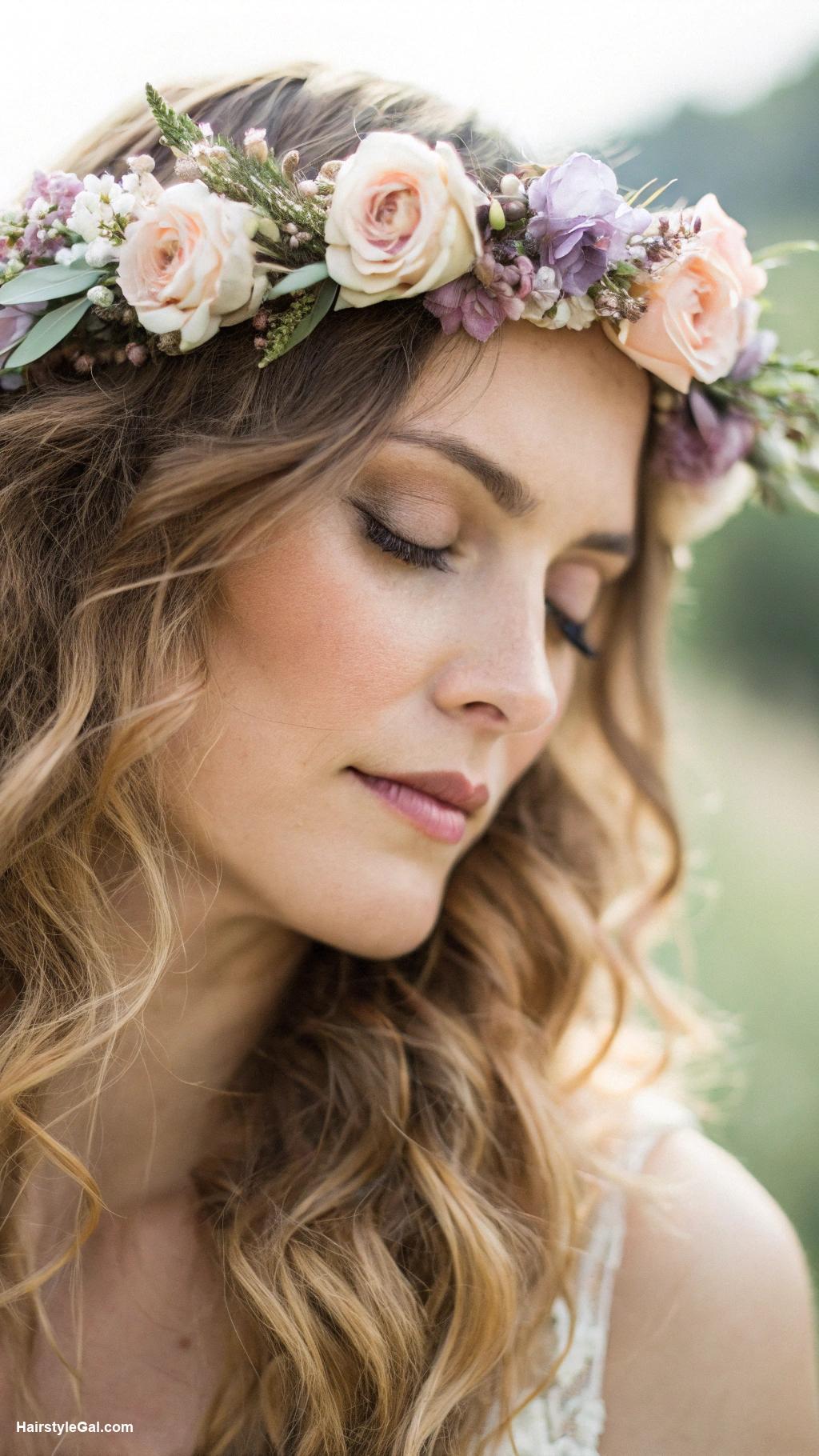 boho wedding hair Loose waves with floral crown