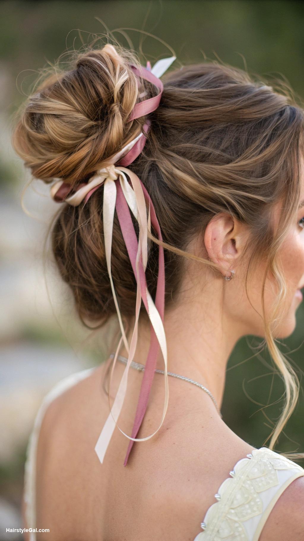 boho wedding hair Messy bun with ribbon ties