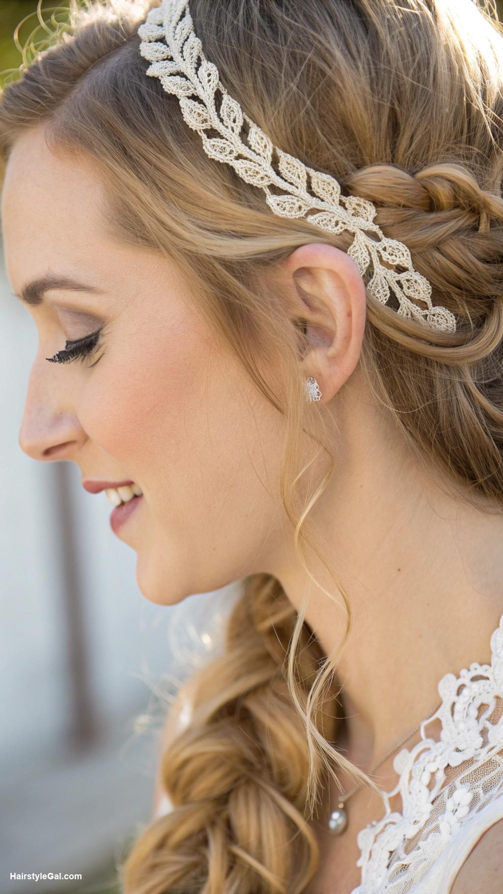 boho wedding hair Side braid with delicate lace