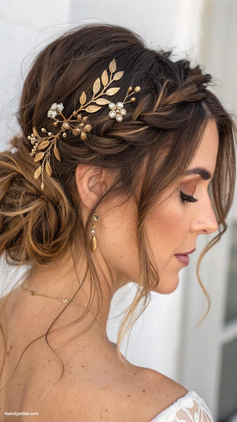 boho wedding hair Textured layers with gold hairpins