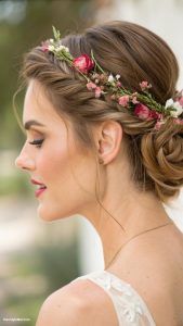 bridesmaid hairstyles Low bun with floral accents