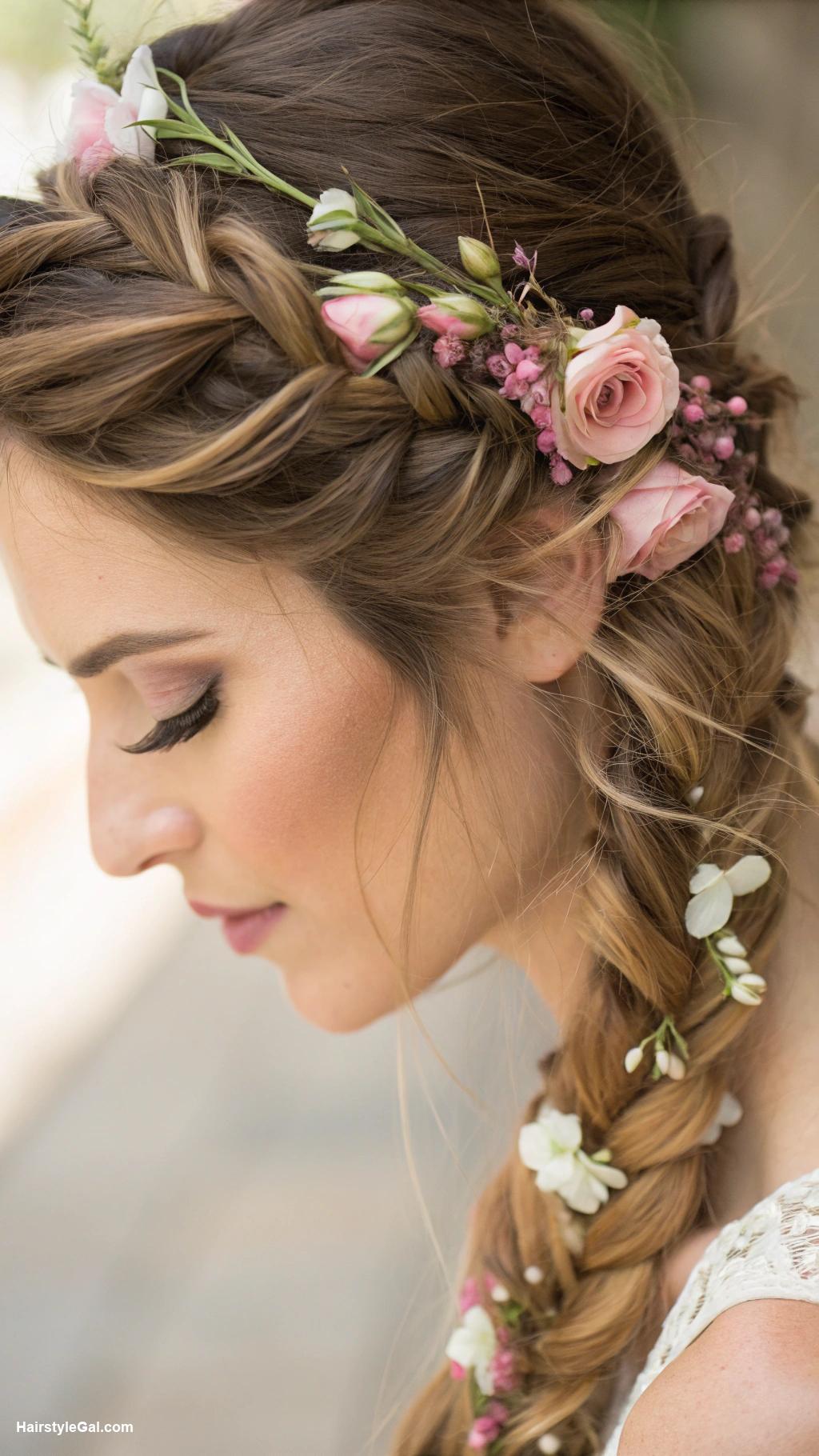 brown wedding hair Fishtail braid with flowers