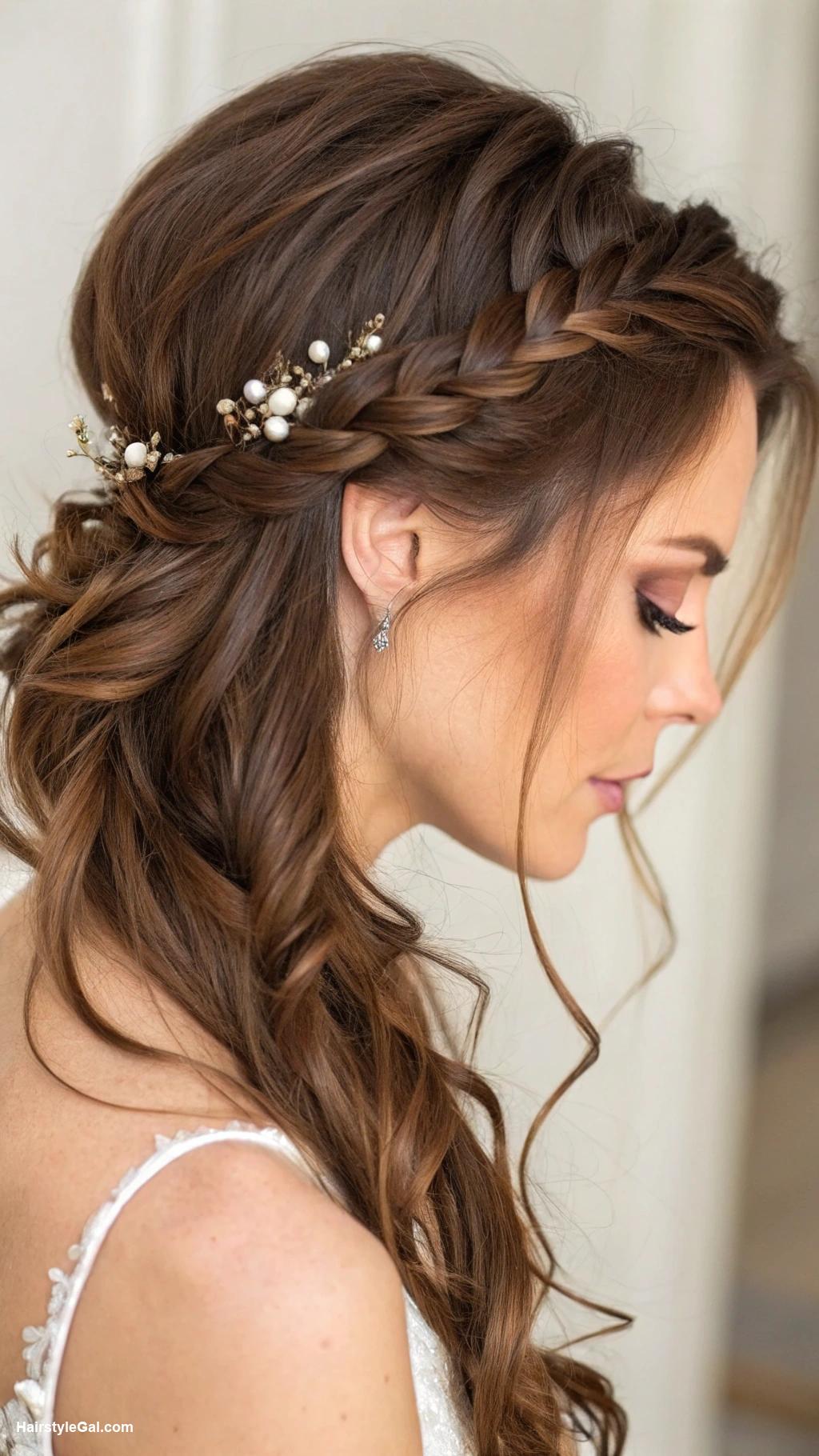 brown wedding hair Half up half down with braid