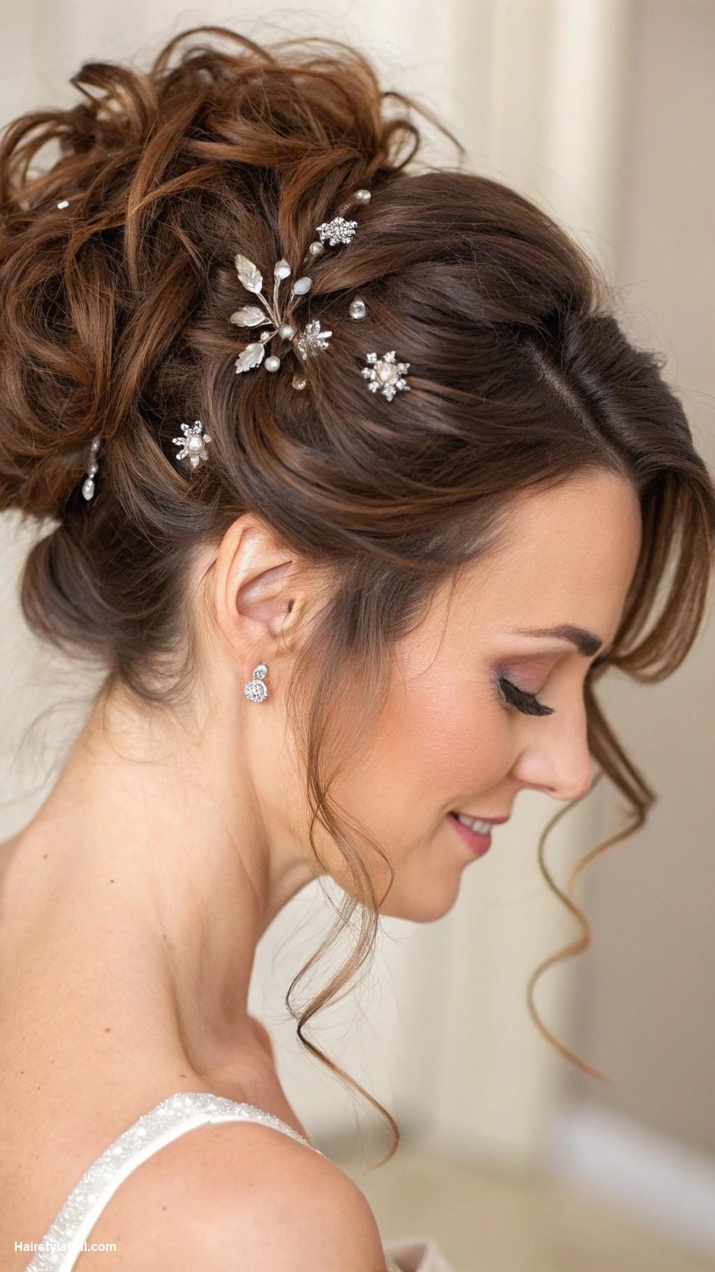brown wedding hair Messy updo with hair accessories