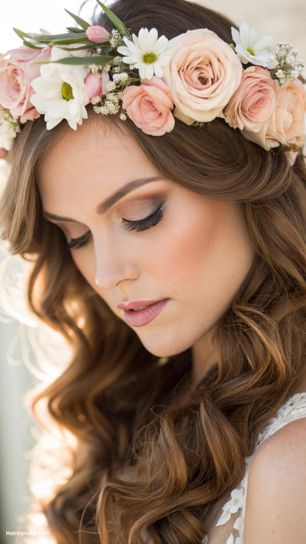 brown wedding hair Soft waves with floral crown