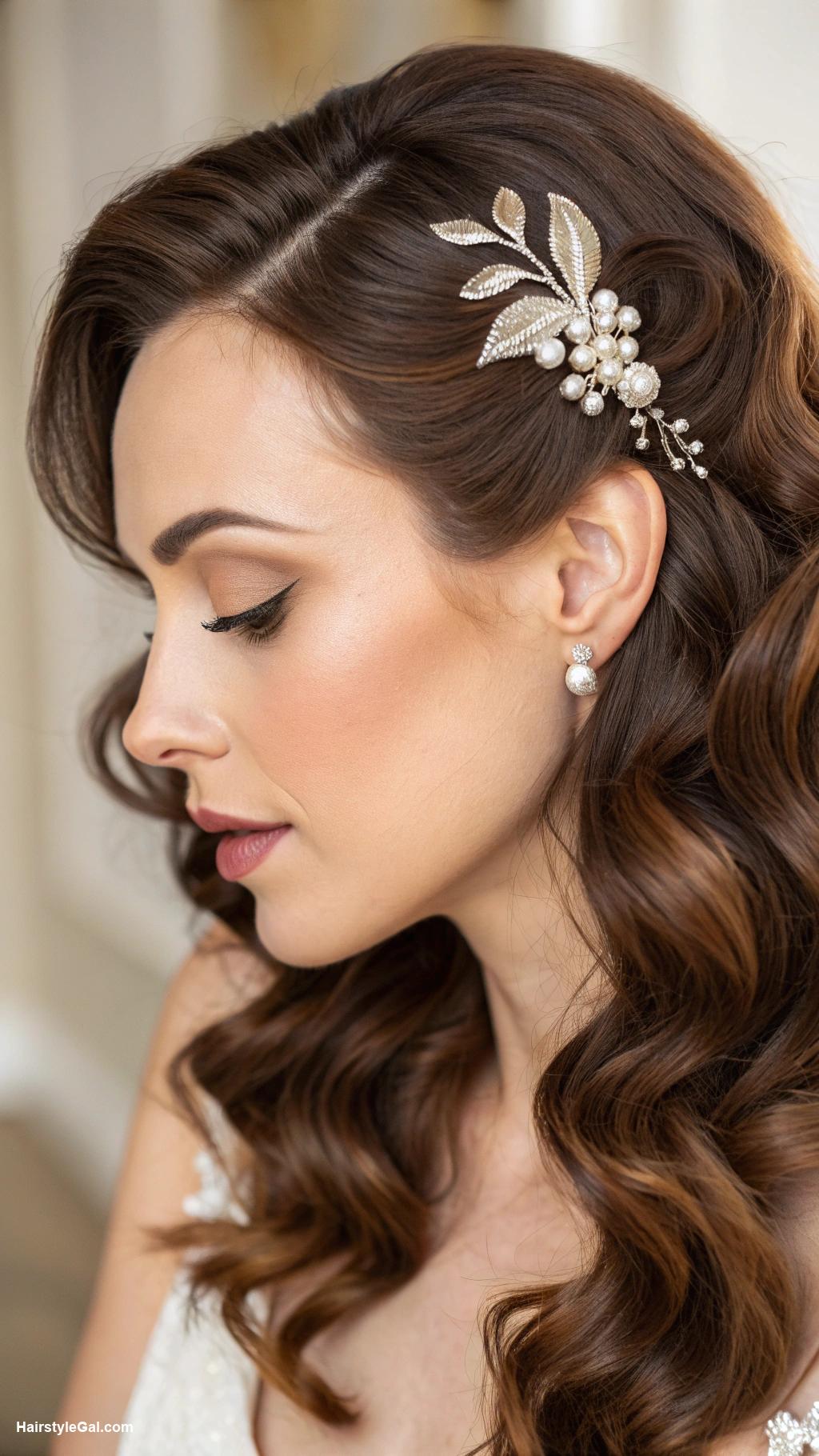 brown wedding hair Vintage waves with hair clip