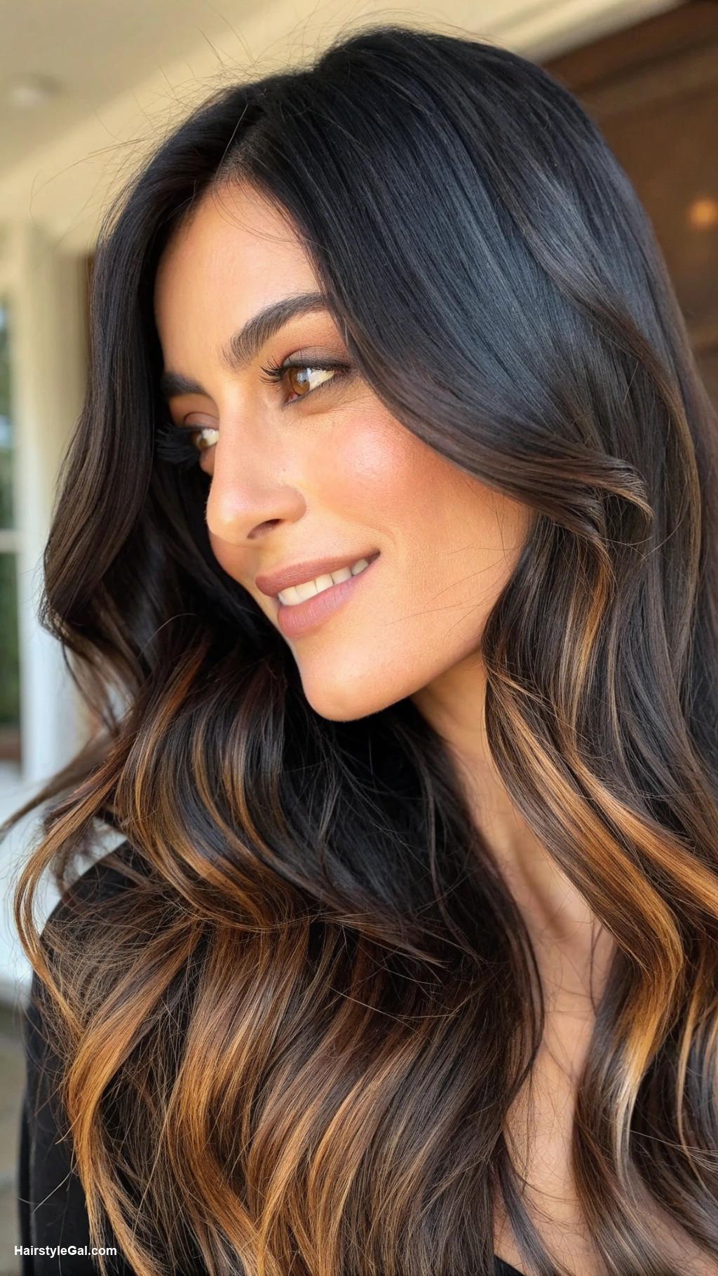 caramel balayage Soft caramel transition on black hair