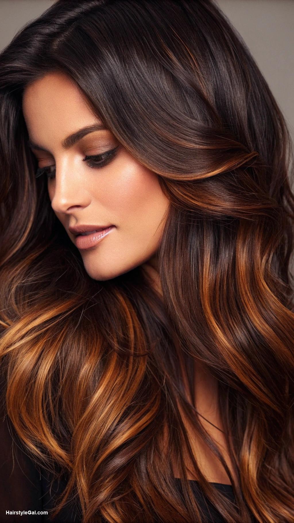 caramel balayage Warm caramel highlights on dark brown