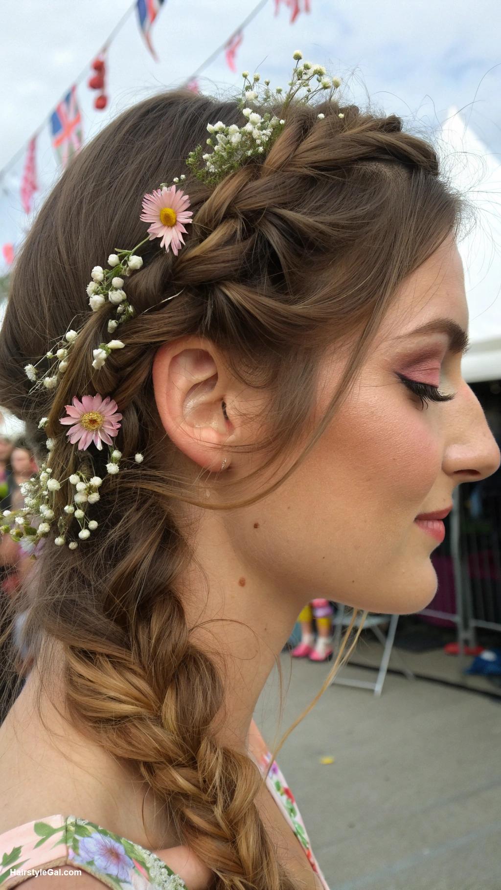 festival hair braids Side braid with floral accents