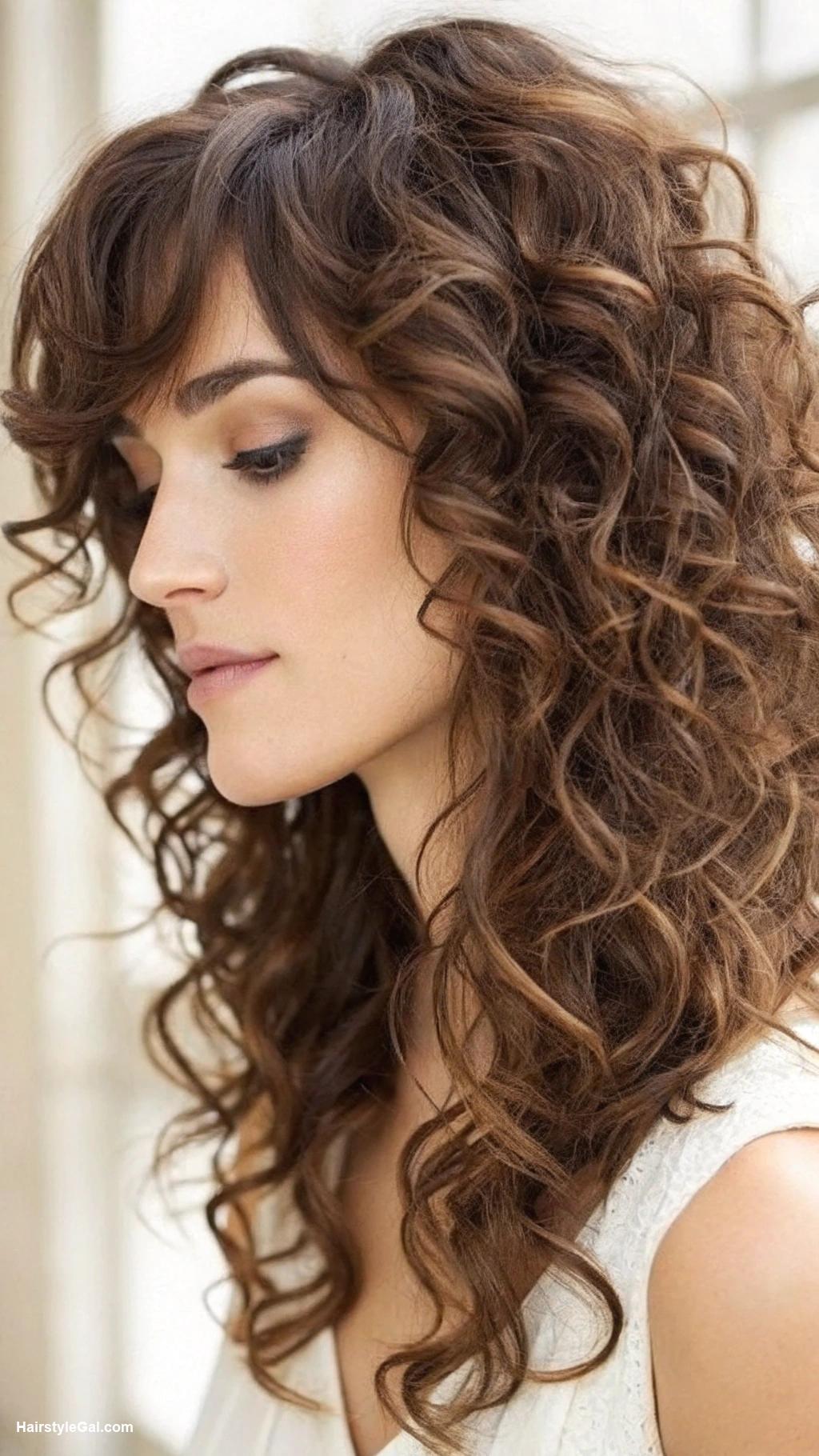 layered curly hairstyles Brown layered curls with side bangs