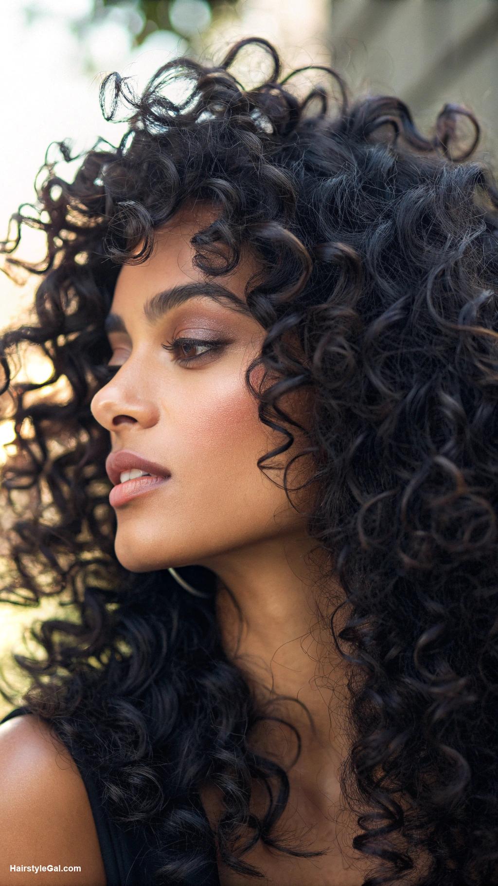layered curly hairstyles Jett black layered curls with shine