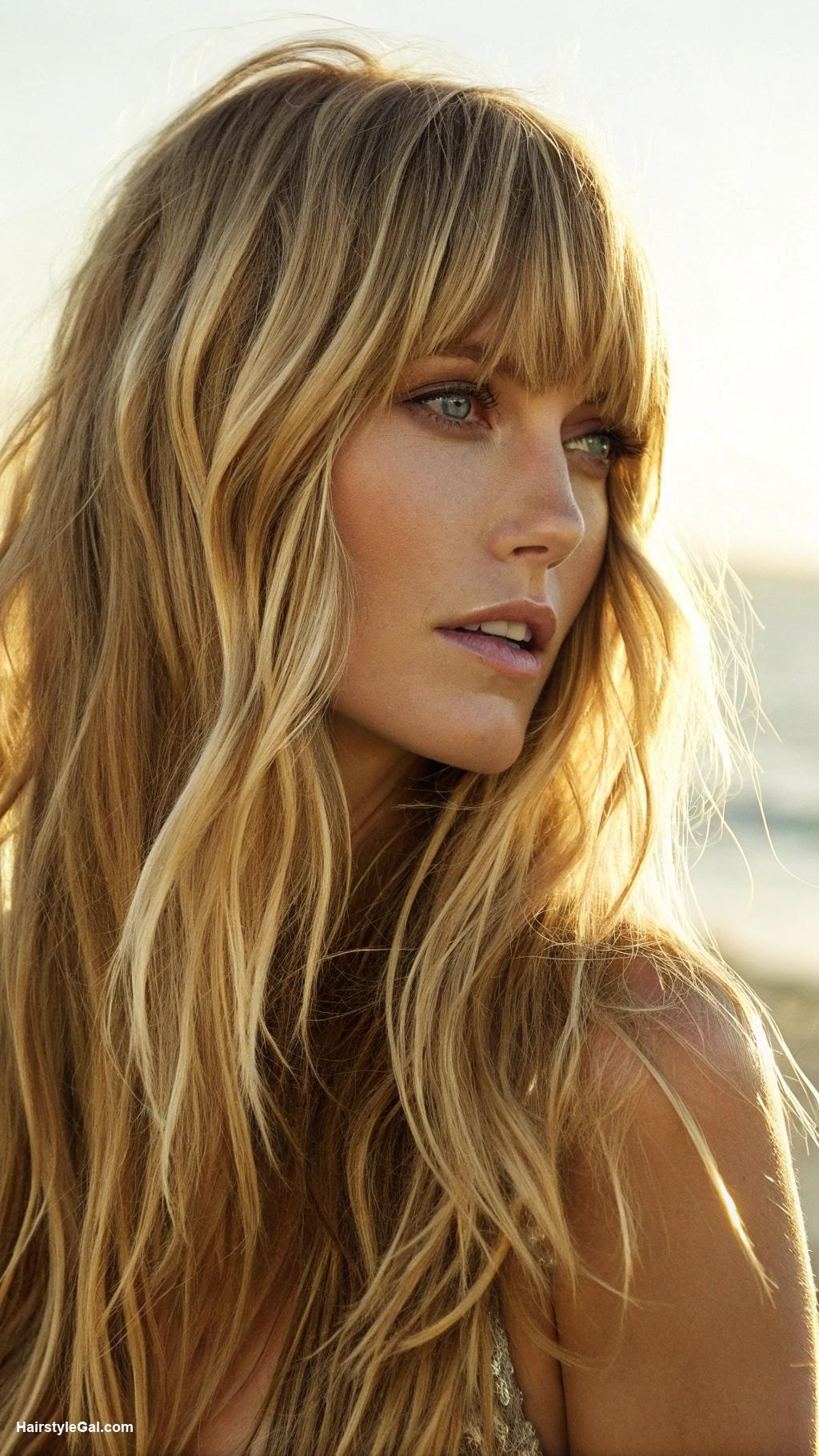 long hair with bangs Blonde beach waves with fringe bangs