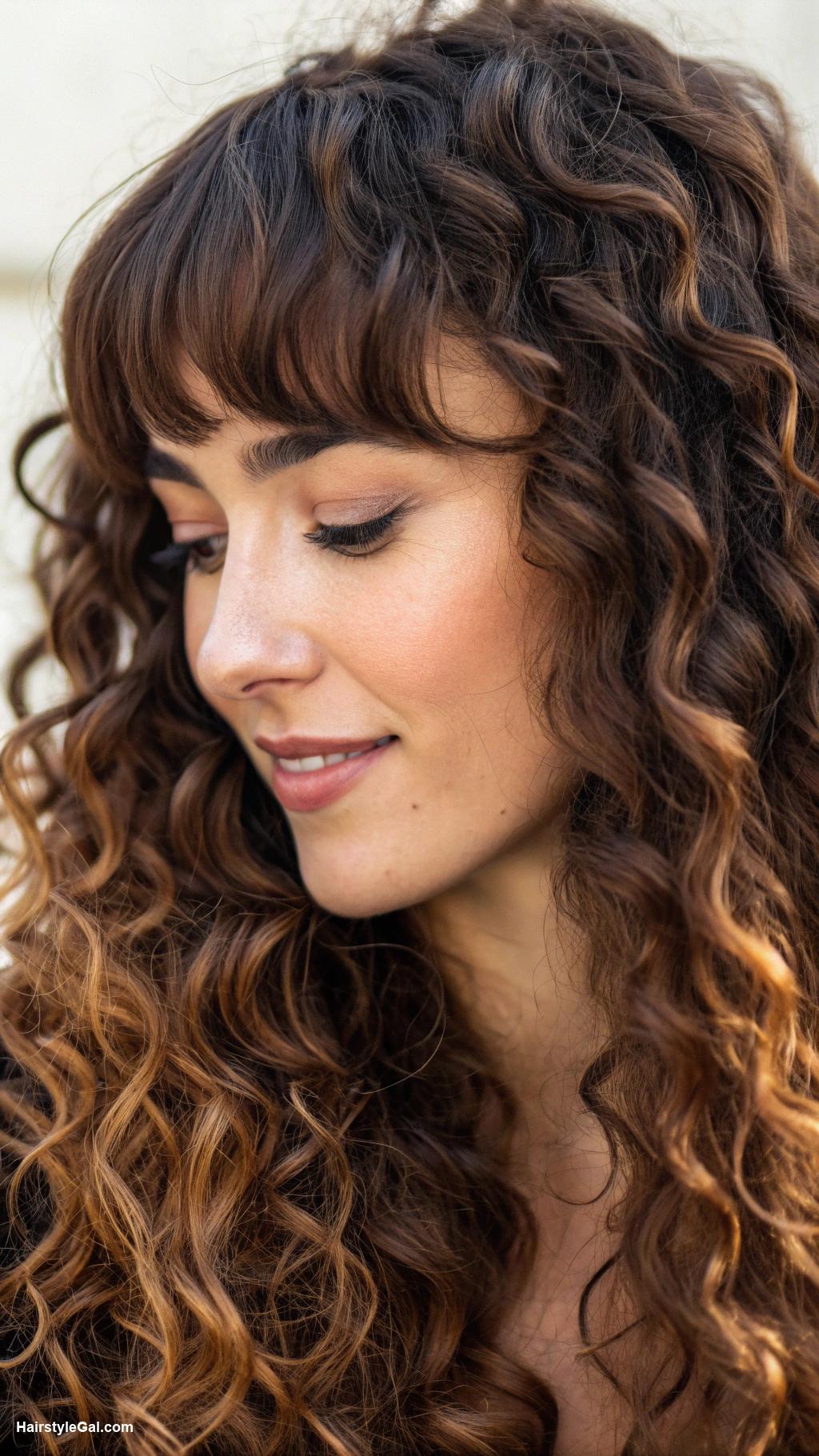 long hair with bangs Curly brown hair with soft bangs