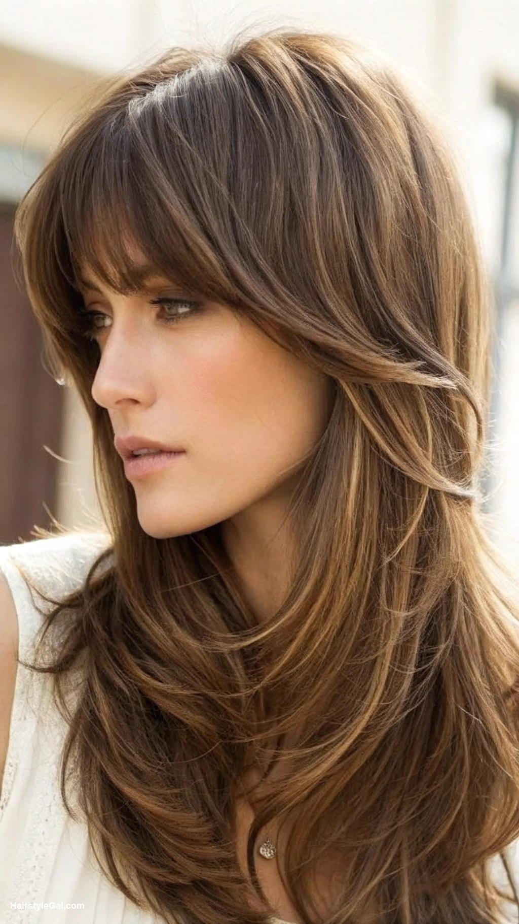 long hair with bangs Layered brown hair with side bangs
