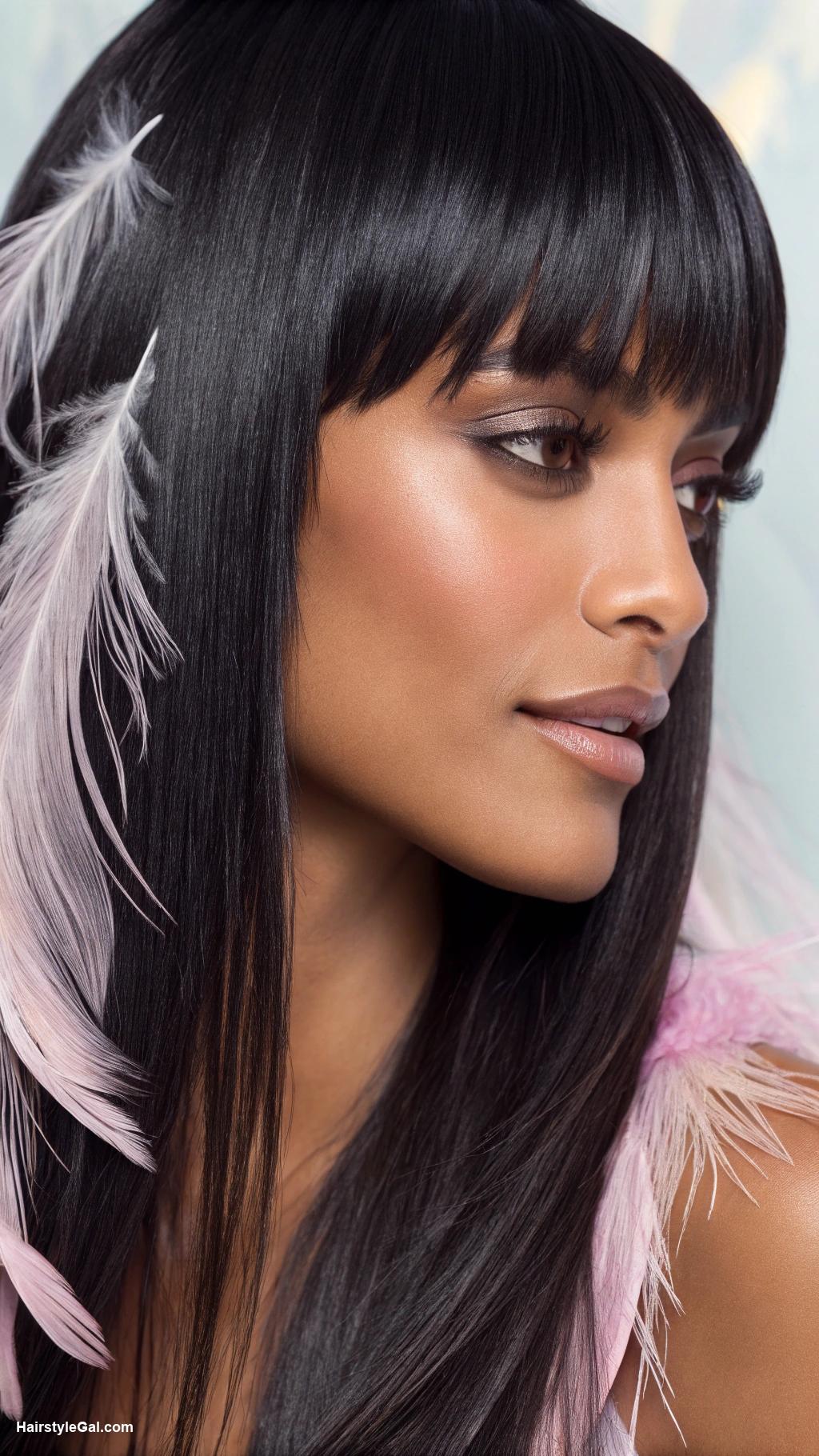 long hair with bangs Long black hair with feathered bangs