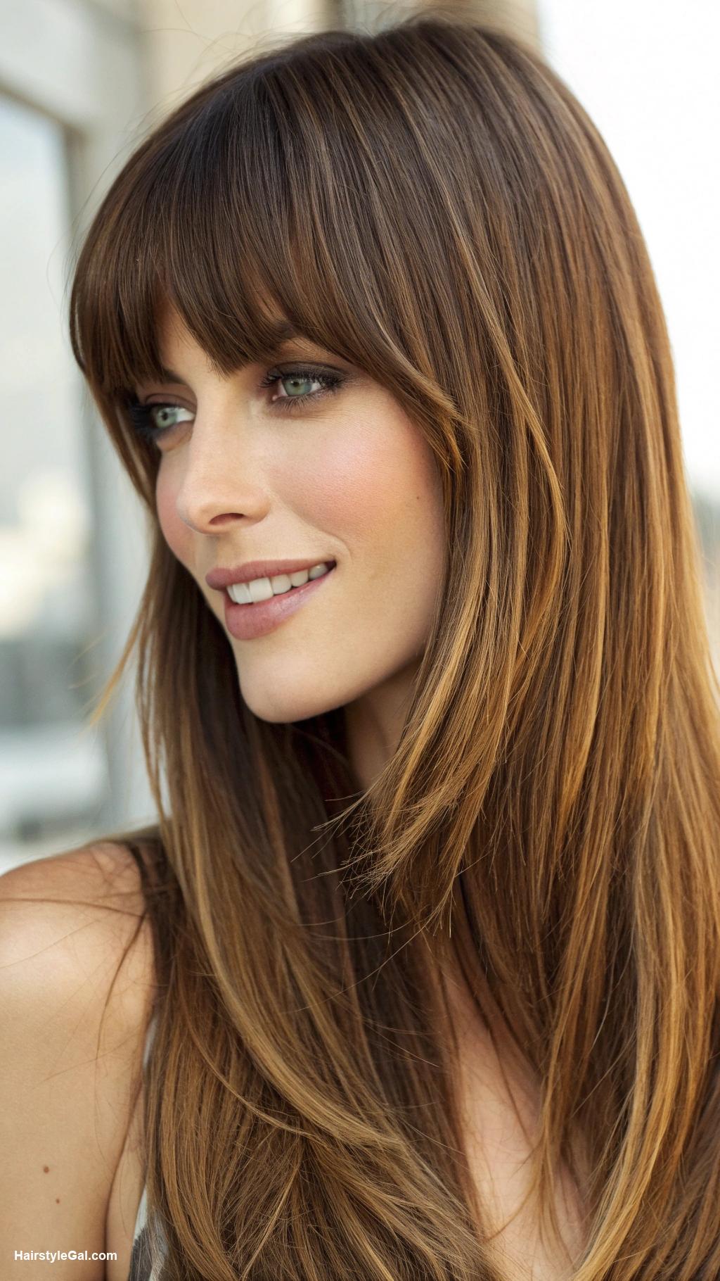 long hair with bangs Long layers with angled bangs