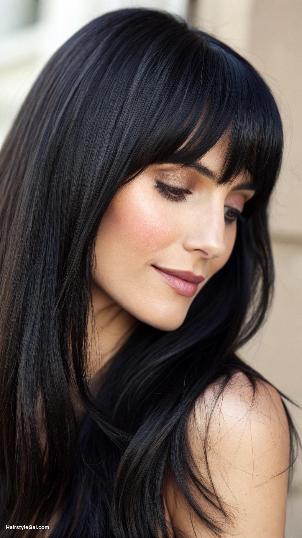 long hair with bangs Sleek black hair with wispy bangs