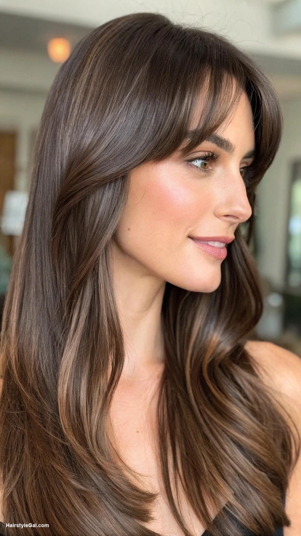 long hair with bangs Sleek brown hair with side bangs