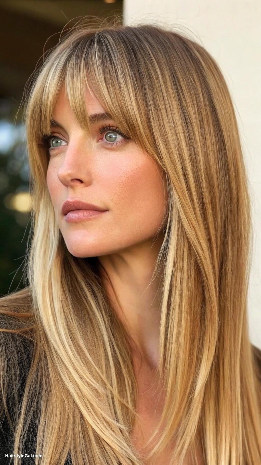 long hair with bangs Straight blonde hair with curtain bangs