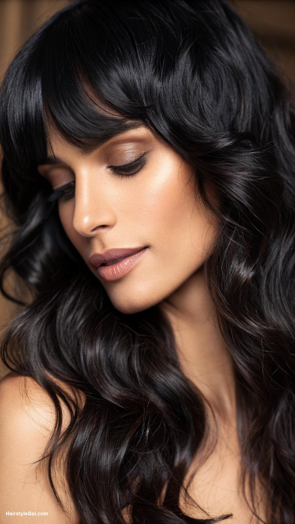 long hair with bangs Wavy black hair with side swept bangs