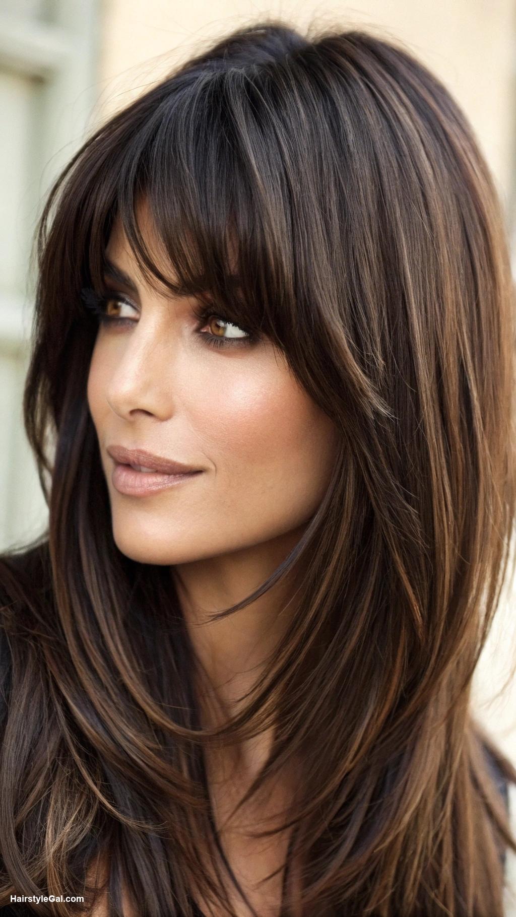 long hair with layers Dark brown layered hair with bangs