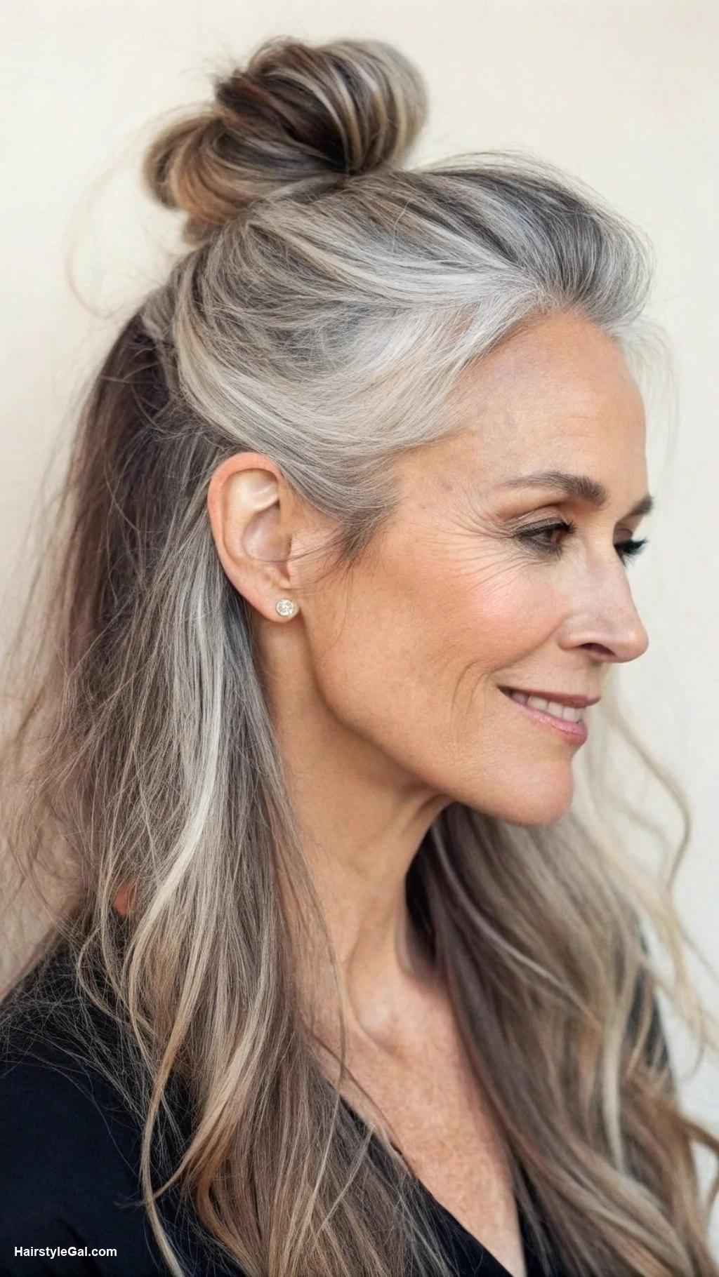 long hairstyles women over 50 Chic messy bun for casual look