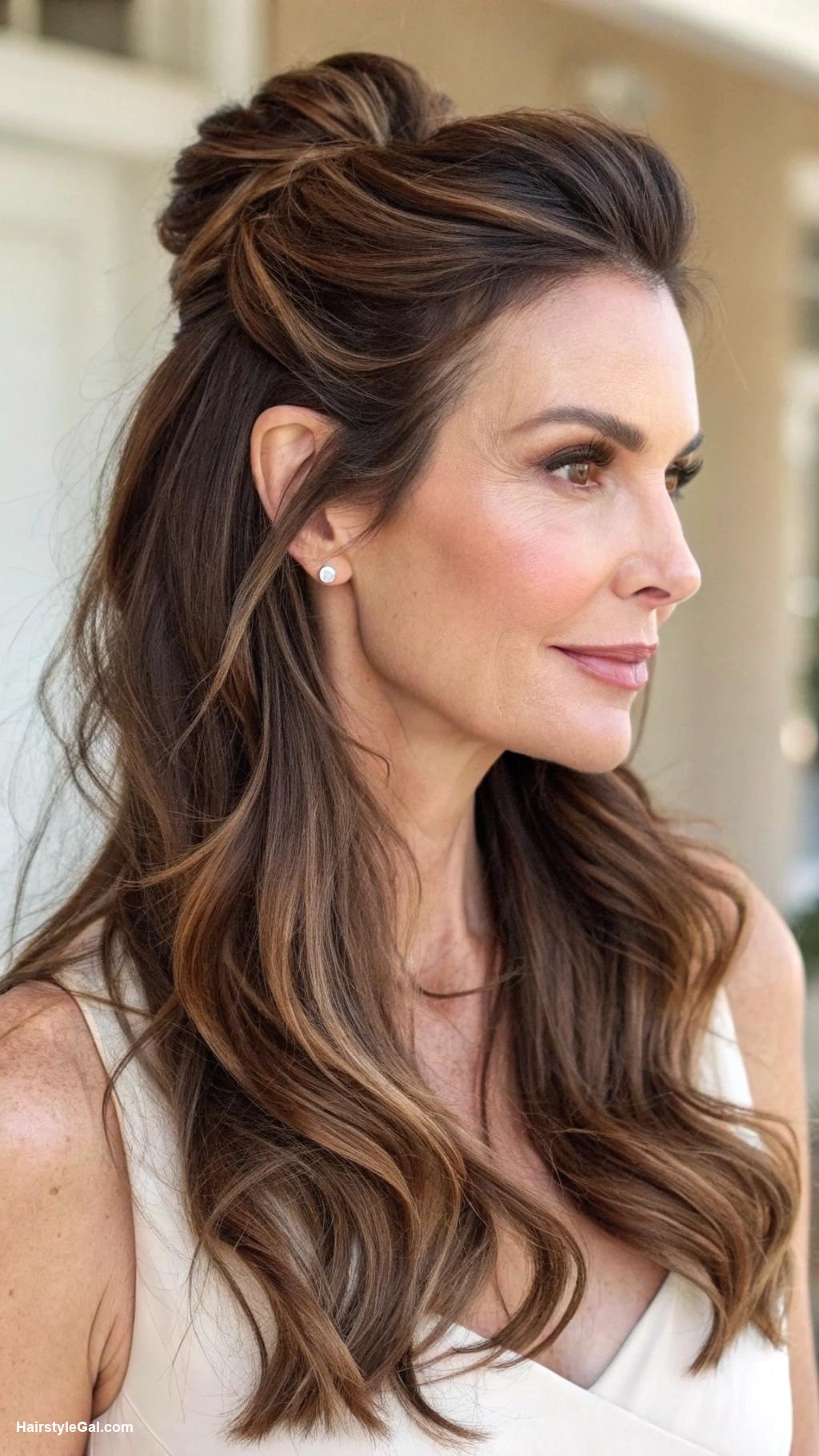 long hairstyles women over 50 Half up half down hairstyle