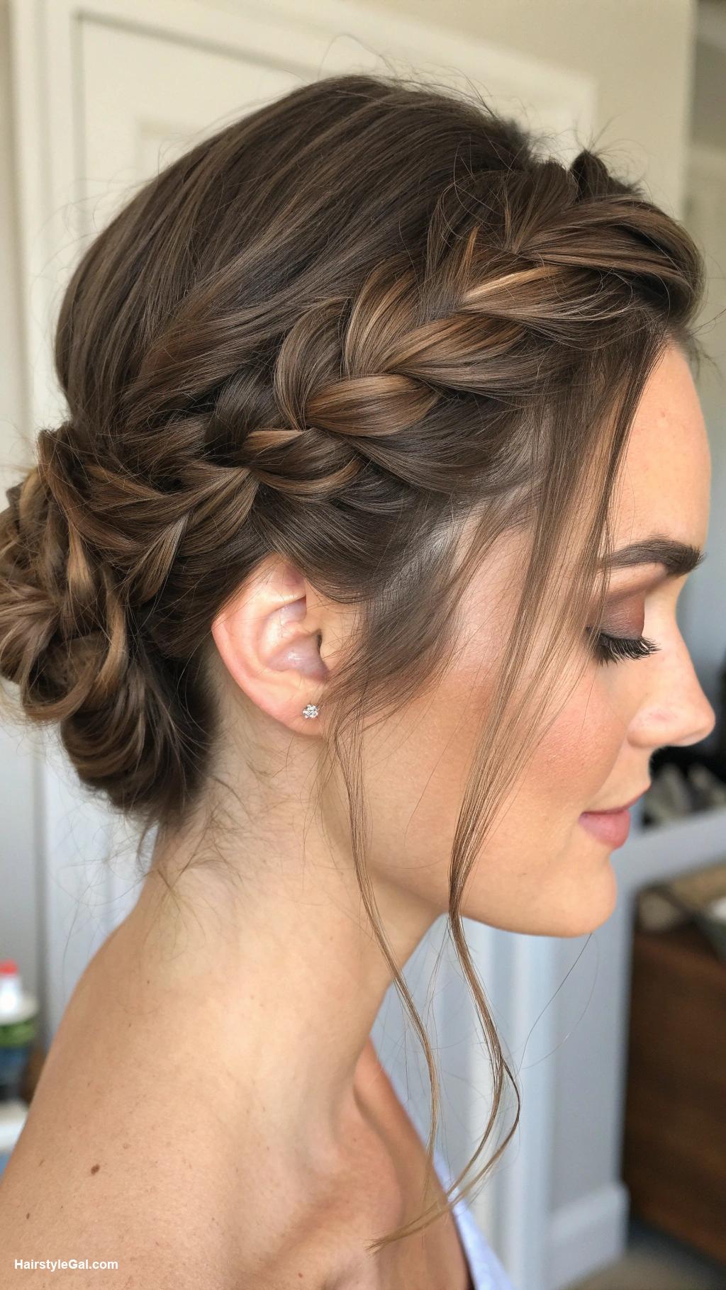 medium hair updos Side braid with low bun