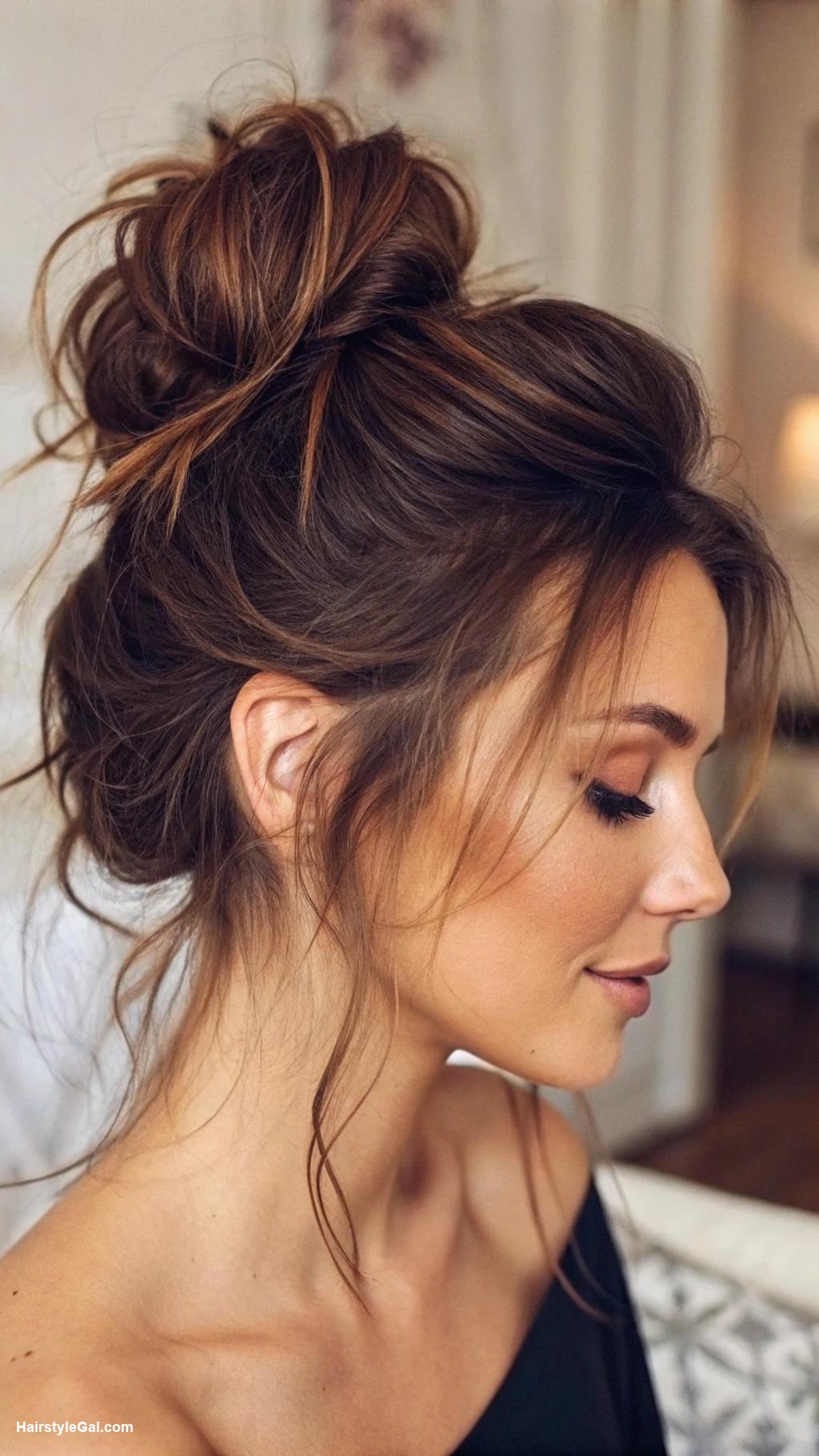 messy bun hair Messy bun with face framing strands