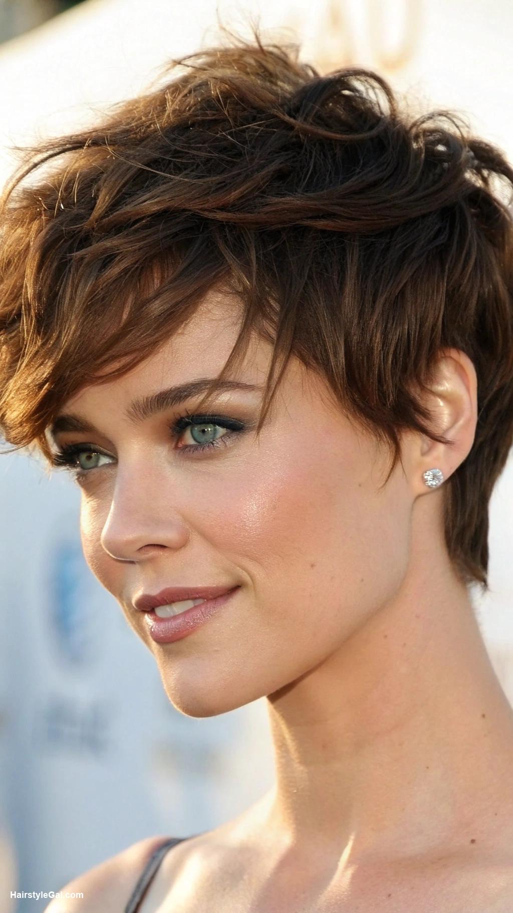 pixie cut round face Brown textured pixie with choppy layers