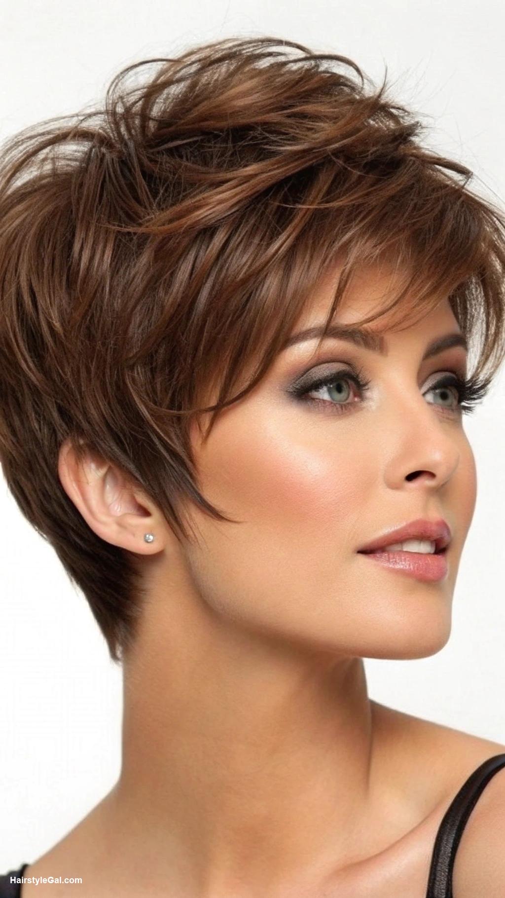 pixie cut round face Layered brown pixie with volume