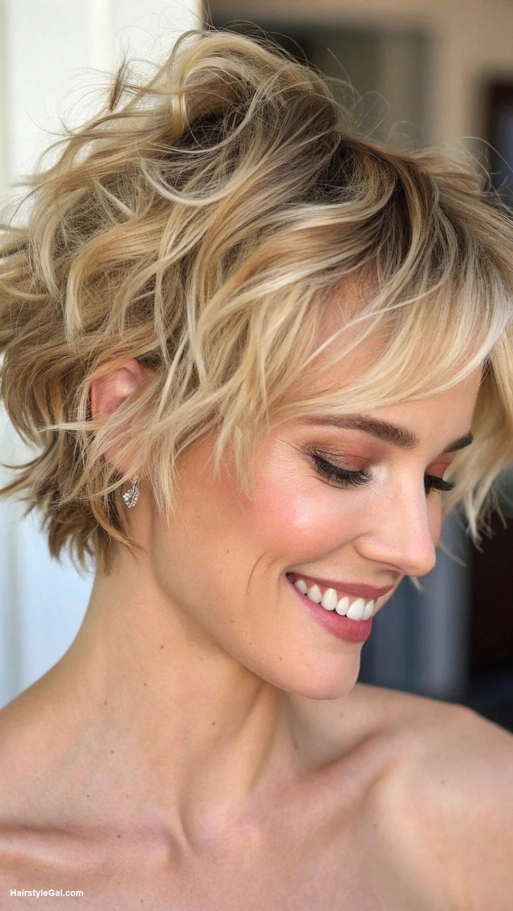 pixie cut round face Messy blonde pixie with tousled waves