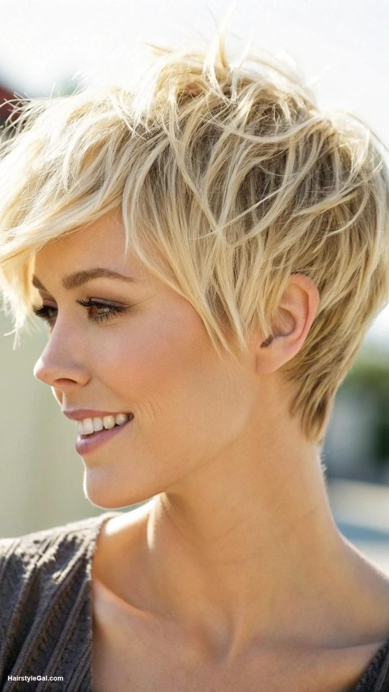 pixie cut round face Shaggy blonde pixie with textured finish