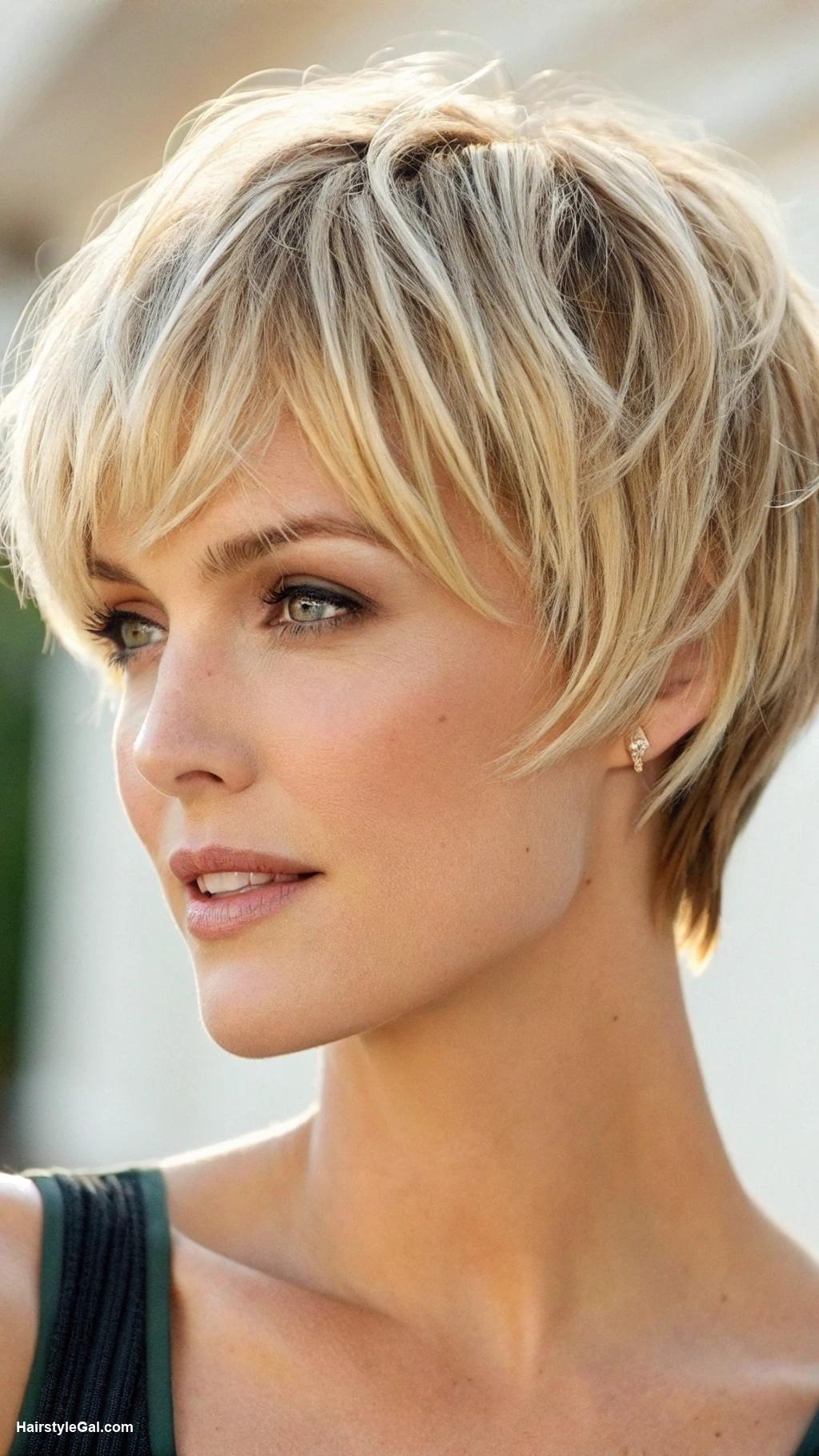pixie cut round face Short blonde pixie with wispy bangs