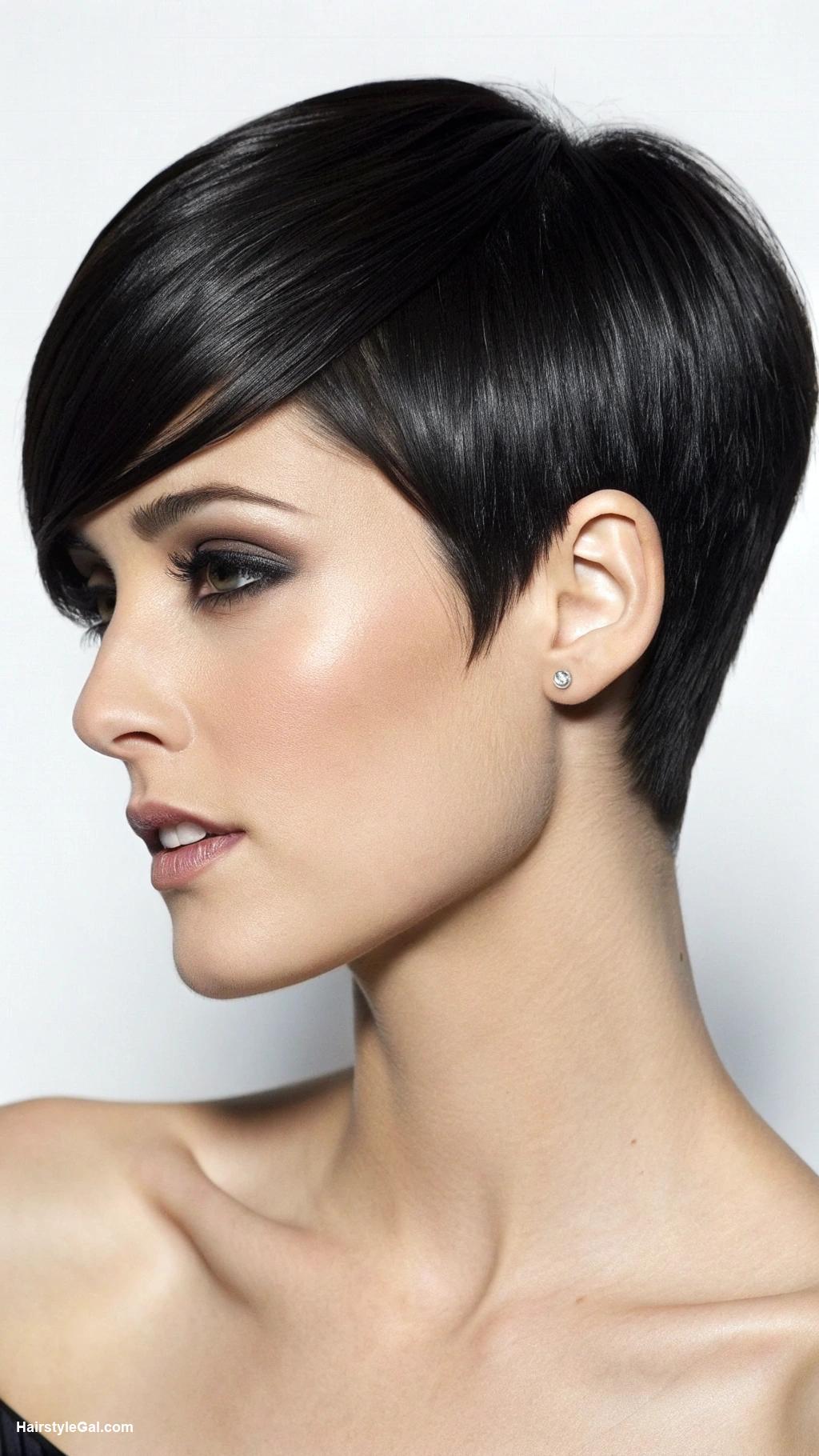 pixie cut round face Sleek black pixie with undercut