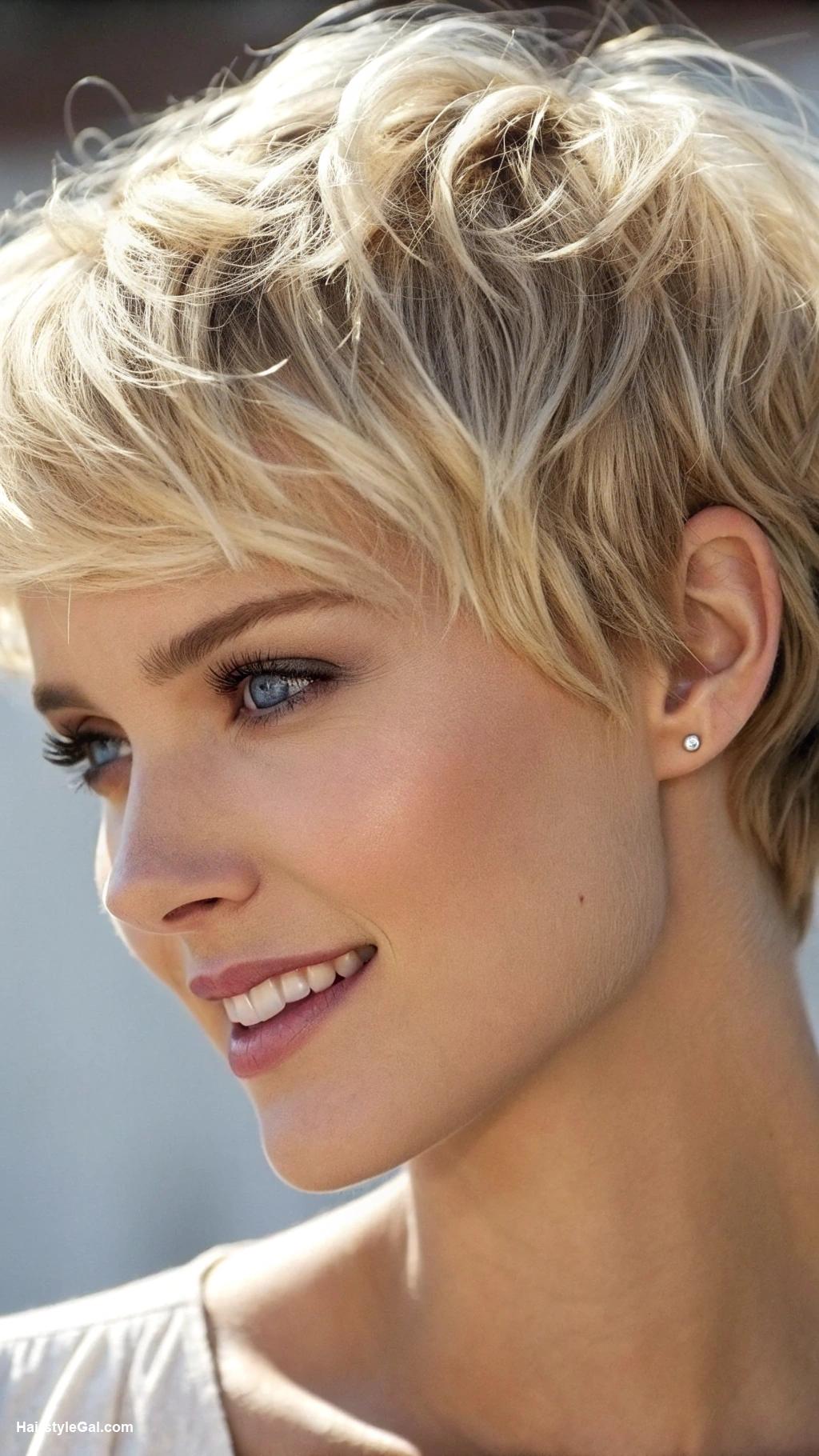 pixie cut round face Soft tousled blonde pixie cut