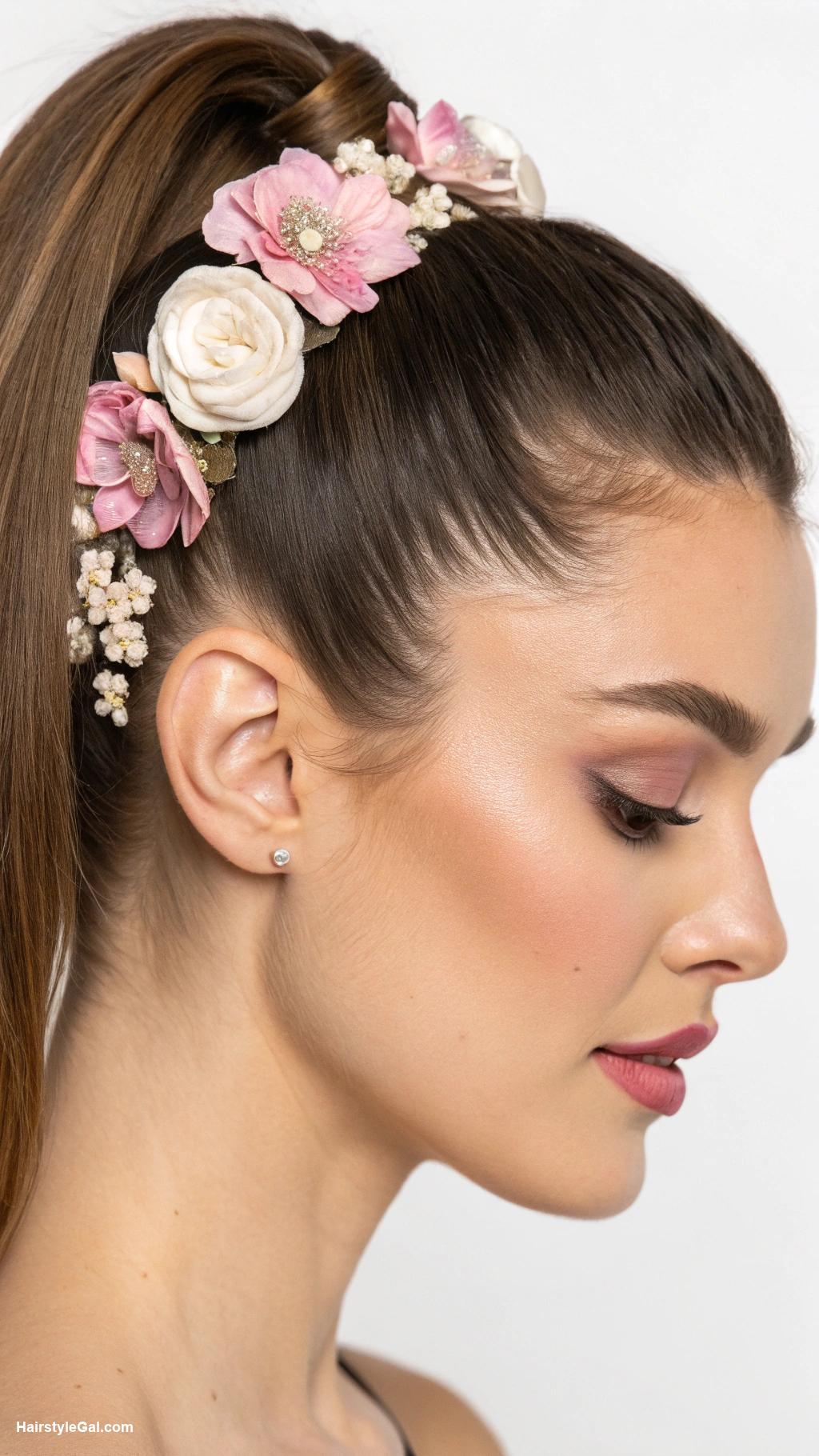 short wedding hair Chic Ponytail with Flowers