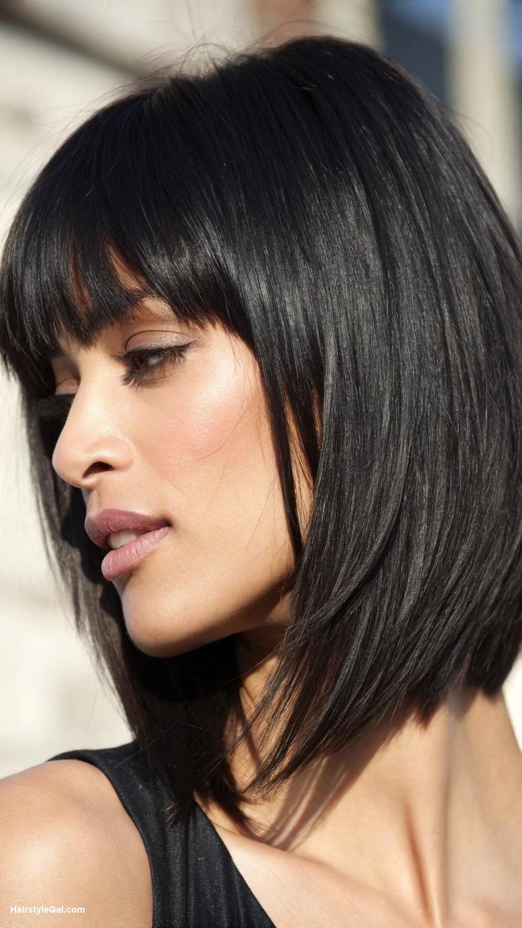 thin hair bob Textured black bob with side bangs