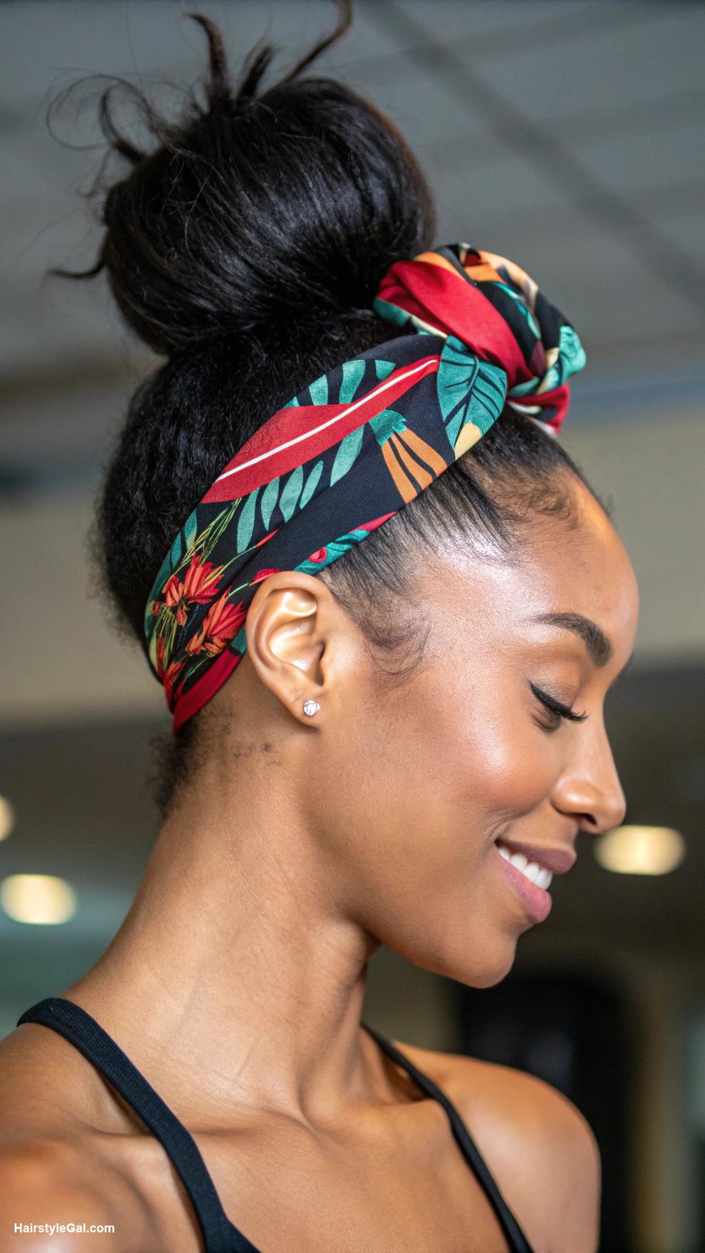 workout hairstyles Top Knot with Hair Wrap