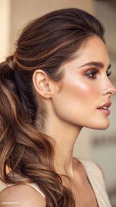 brown ponytail Low ponytail with soft waves