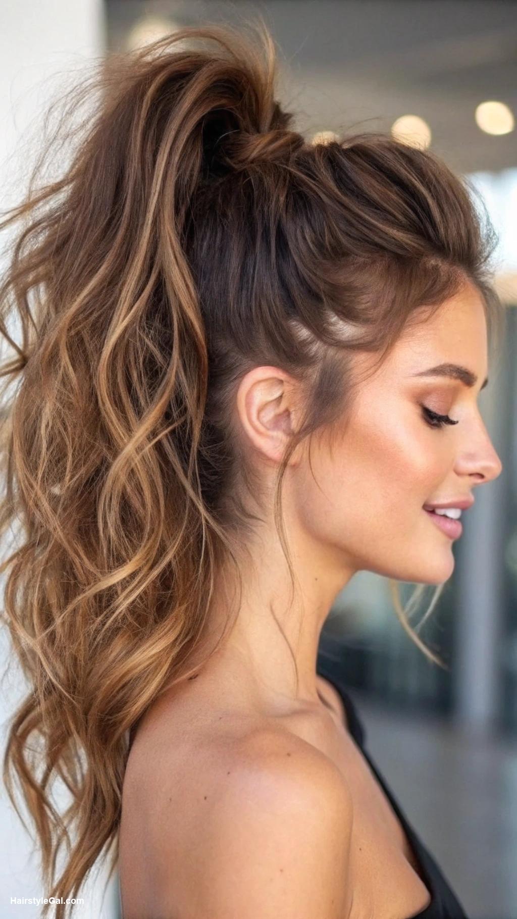 brown ponytail Messy high ponytail with volume