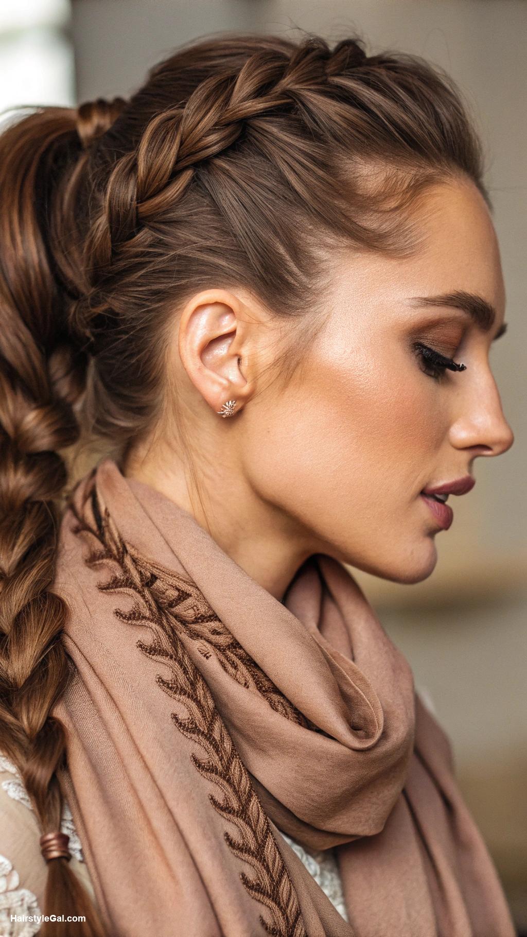 hair scarf ideas Braided ponytail with brown scarf