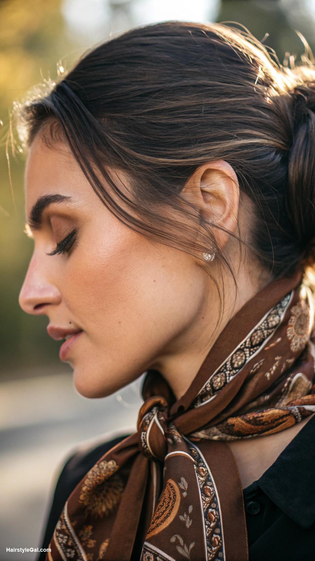 hair scarf ideas Low bun adorned with brown scarf