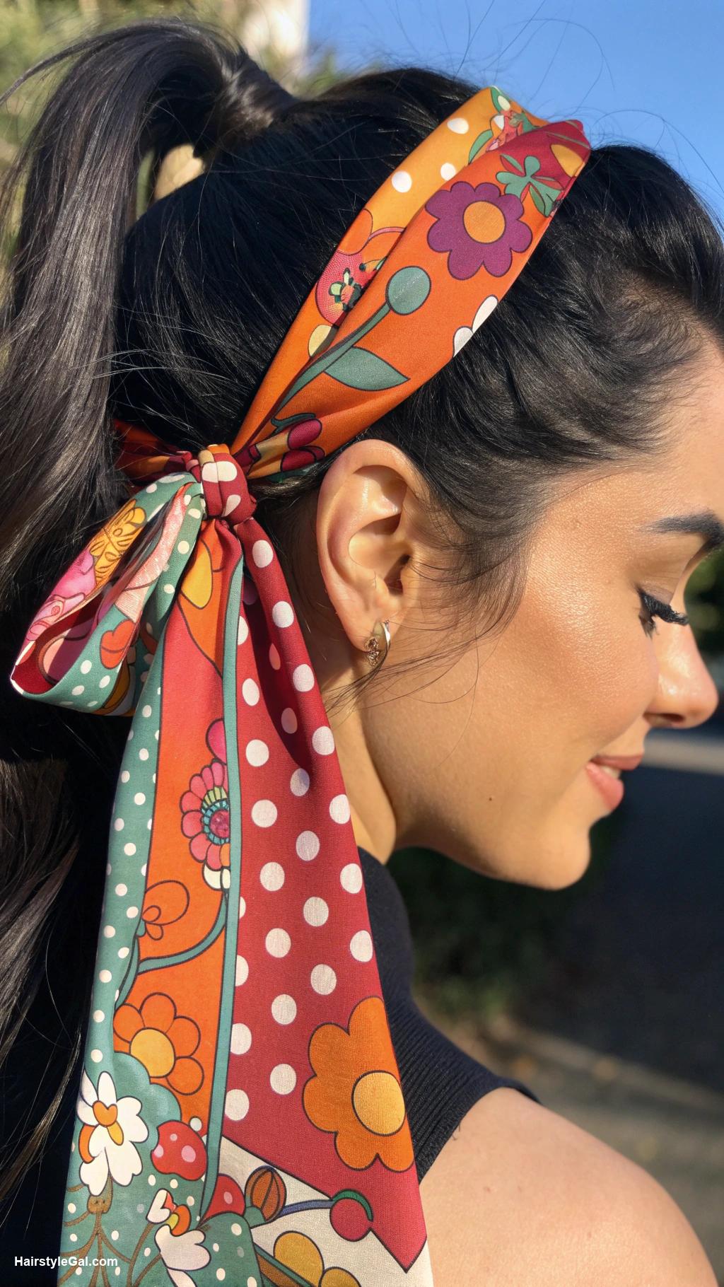 hair scarf ideas Retro scarf tied around a ponytail