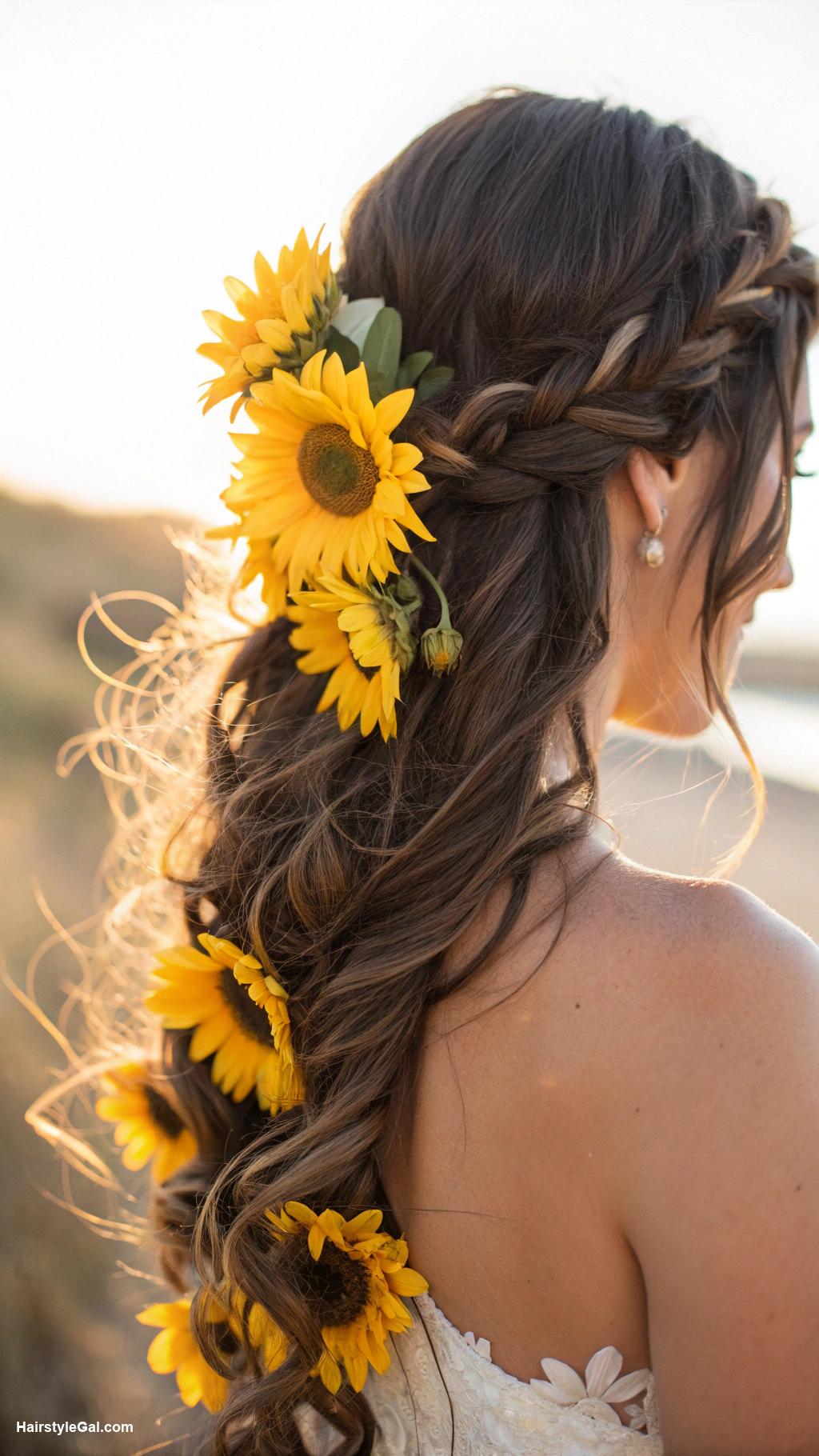 wedding hair with flowers Beachy waves with sunflowers