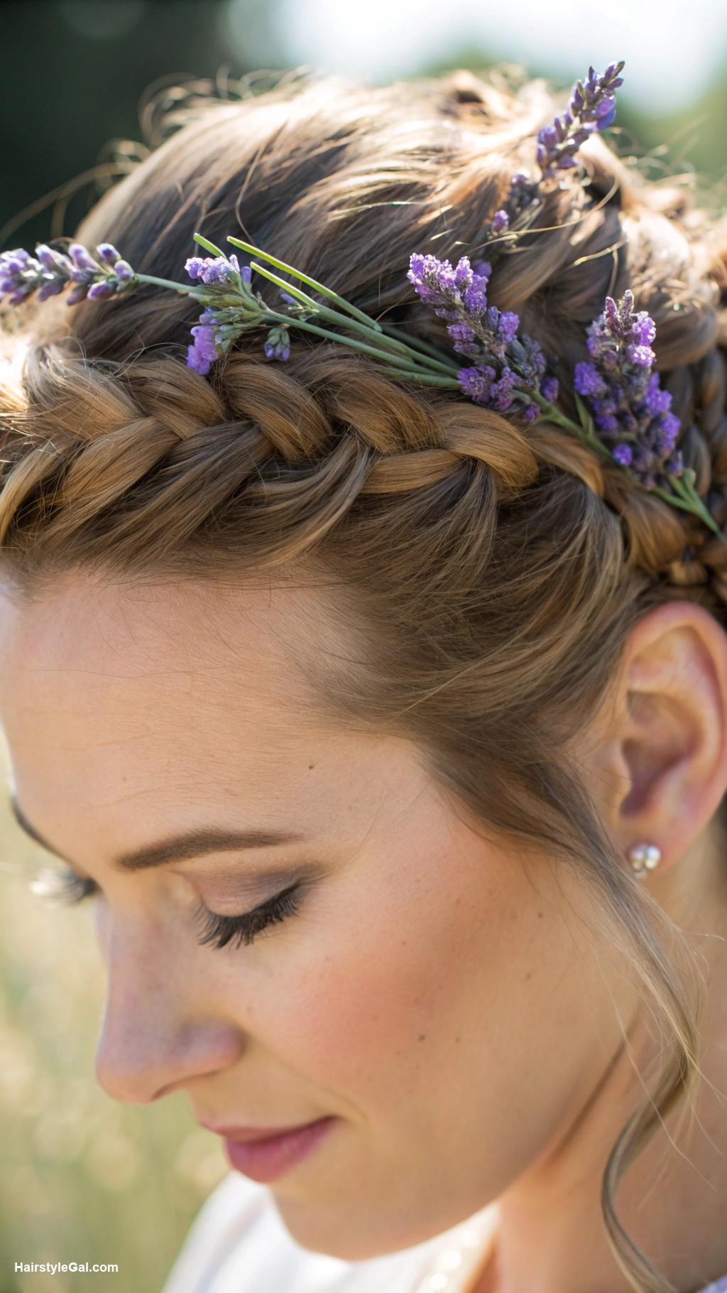 wedding hair with flowers Braided crown with lavender