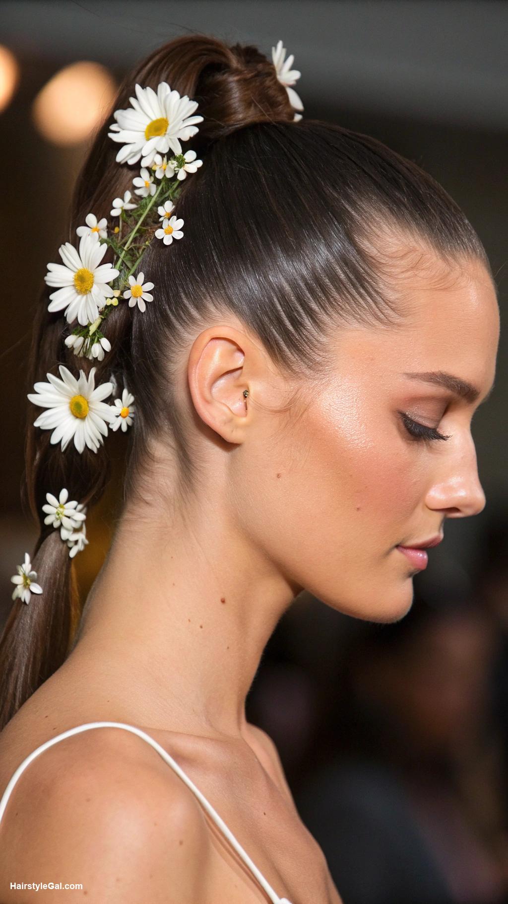 wedding hair with flowers Chic ponytail with white daisies